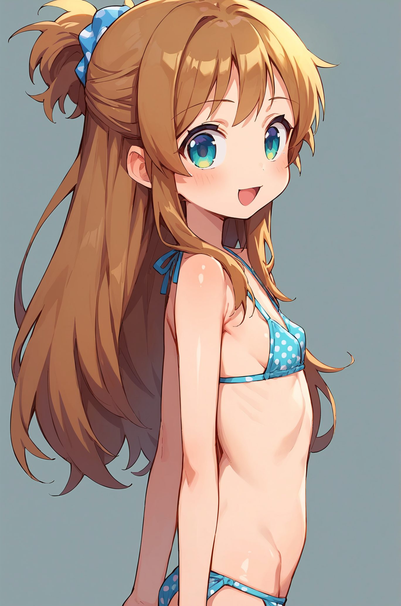 1girl, solo, swimsuit, bikini, long hair, open mouth, smile, breasts, small breasts, brown hair, blue bikini, looking at viewer, polka dot, simple background, arms behind back, grey background, scrunchie, side-tie bikini bottom, hair ornament, blush, from side, polka dot bikini, blue eyes, :d, loli, covered nipples, blue scrunchie, hair scrunchie, 赤面, 笑顔, ロングヘア, 水着, 貧乳, 乳首チラ