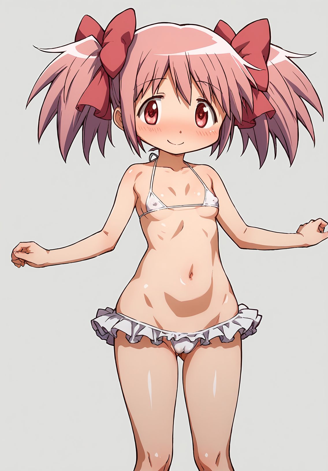 1girl, swimsuit, solo, bikini, pink hair, kaname madoka, twintails, smile, cameltoe, white bikini, blush, shiny skin, shiny, breasts, small breasts, micro bikini, covered nipples, navel, pink eyes, looking at viewer, simple background, shiny hair, standing, groin, grey background, frills, collarbone, hair ribbon, ribbon, short hair, hair bow, 赤面, 笑顔, ツインテール, 乳首チラ, 水着, フリル, 貧乳, マイクロビキニ, 光沢, ショートカット, テカリ, ピンク髪, 魔法少女まどか☆マギカ, 鹿目まどか