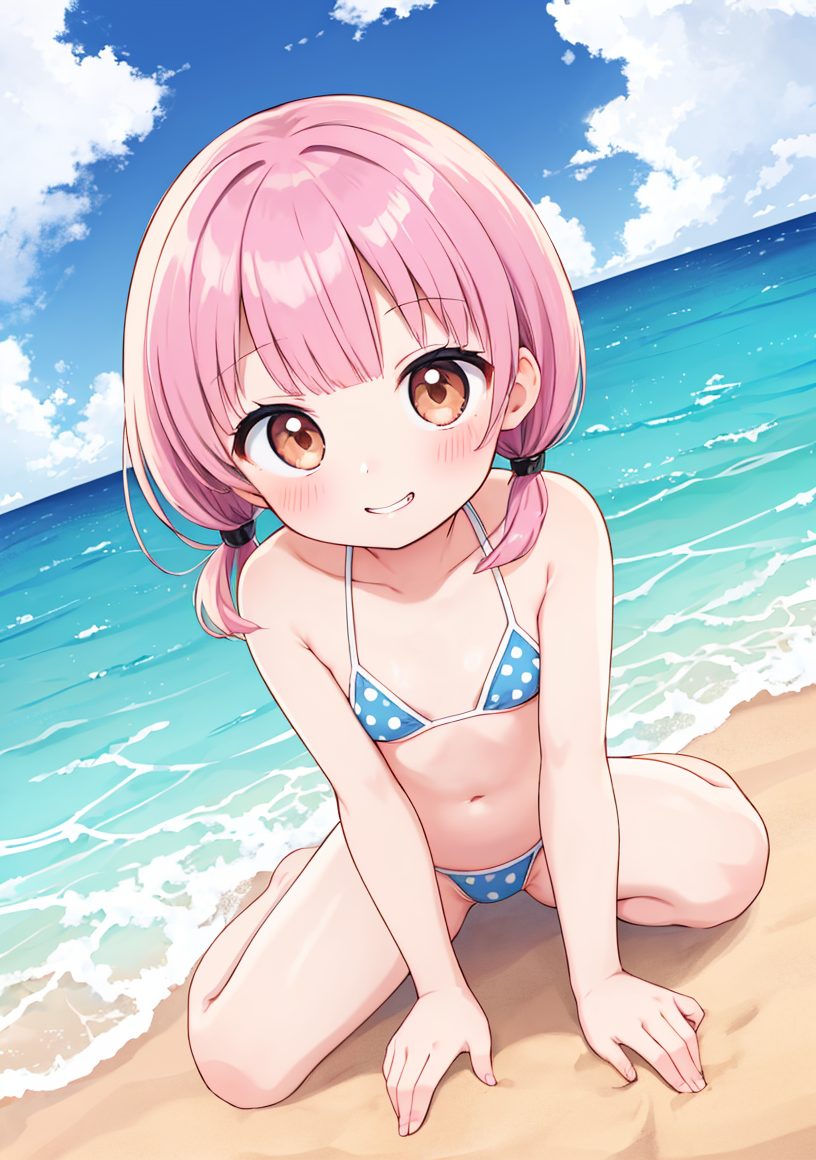1girl, solo, swimsuit, twintails, smile, bikini, pink hair, looking at viewer, outdoors, blue bikini, navel, bare arms, blush, bare shoulders, beach, polka dot bikini, brown eyes, sitting, collarbone, bangs, short twintails, polka dot, bare legs, low twintails, water, wariza, sand, grin, barefoot, ocean, flat chest, small breasts, loli, hair tie, cloud, 赤面, 笑顔, ツインテール, ピンク髪, 裸足, 水着, 貧乳, つるぺた, ぱっつん, 足