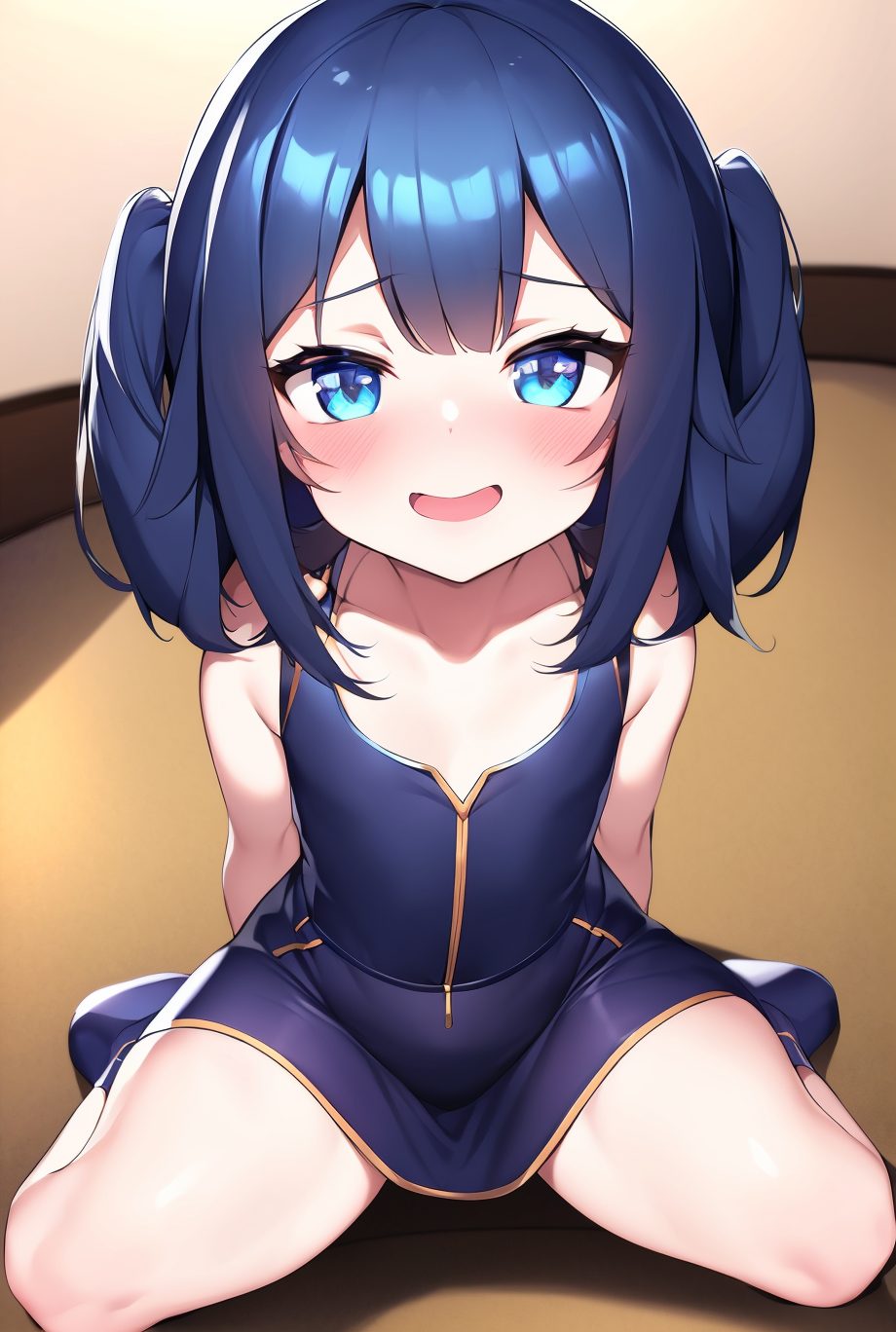 1girl, dress, blush, solo, twintails, blue eyes, black hair, smile, open mouth, looking at viewer, black dress, sitting, medium hair, flat chest, arms behind back, collarbone, sleeveless dress, bangs, bare shoulders, thighs, sleeveless, child, socks, female child, virtual youtuber, 赤面, 笑顔, ツインテール, 黒髪, ノースリーブ, 貧乳, つるぺた, ぱっつん, ok