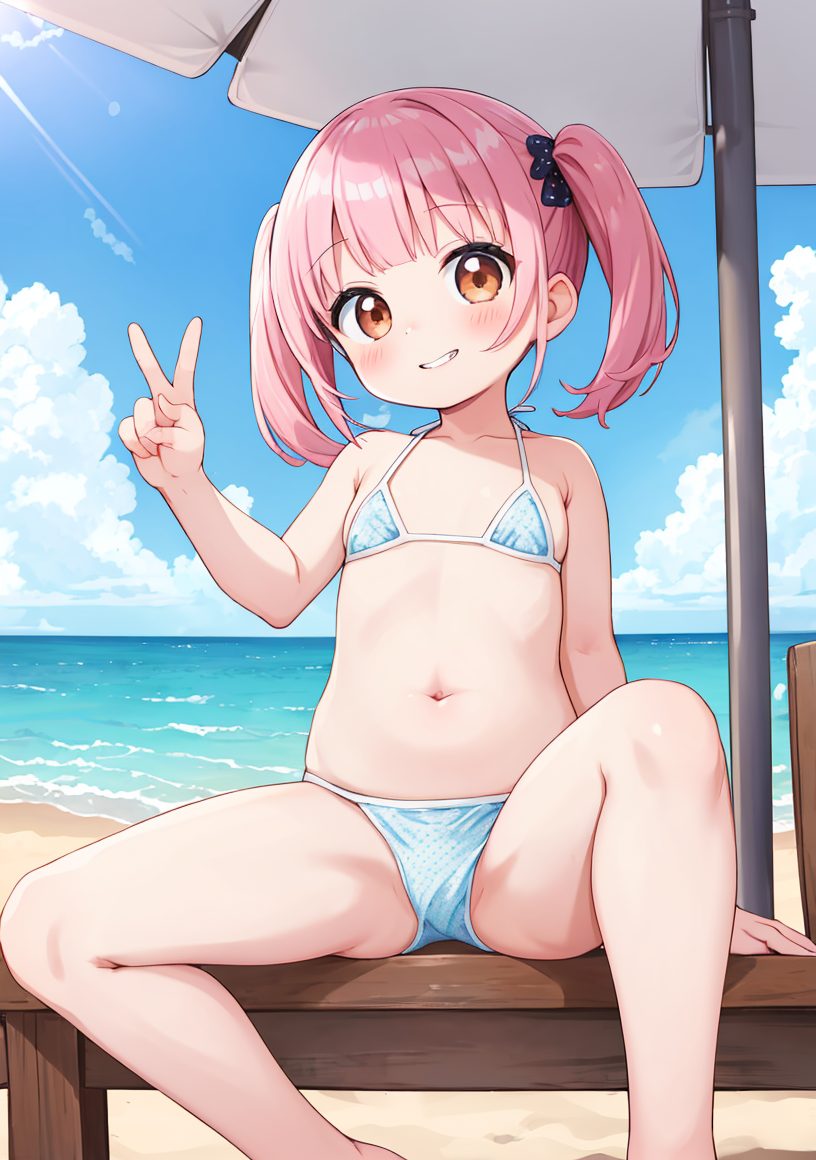 1girl, v, solo, navel, smile, pink hair, swimsuit, bikini, polka dot, twintails, sitting, outdoors, flat chest, looking at viewer, loli, blush, beach, umbrella, spread legs, white bikini, grin, beach umbrella, micro bikini, bangs, brown eyes, collarbone, day, hair ornament, bare shoulders, short hair, sidelocks, polka dot bikini, cameltoe, bow, 赤面, 笑顔, ツインテール, M字開脚, 水着, 開脚, 貧乳, マイクロビキニ, つるぺた, ぱっつん, ショートカット, ピンク髪, ok