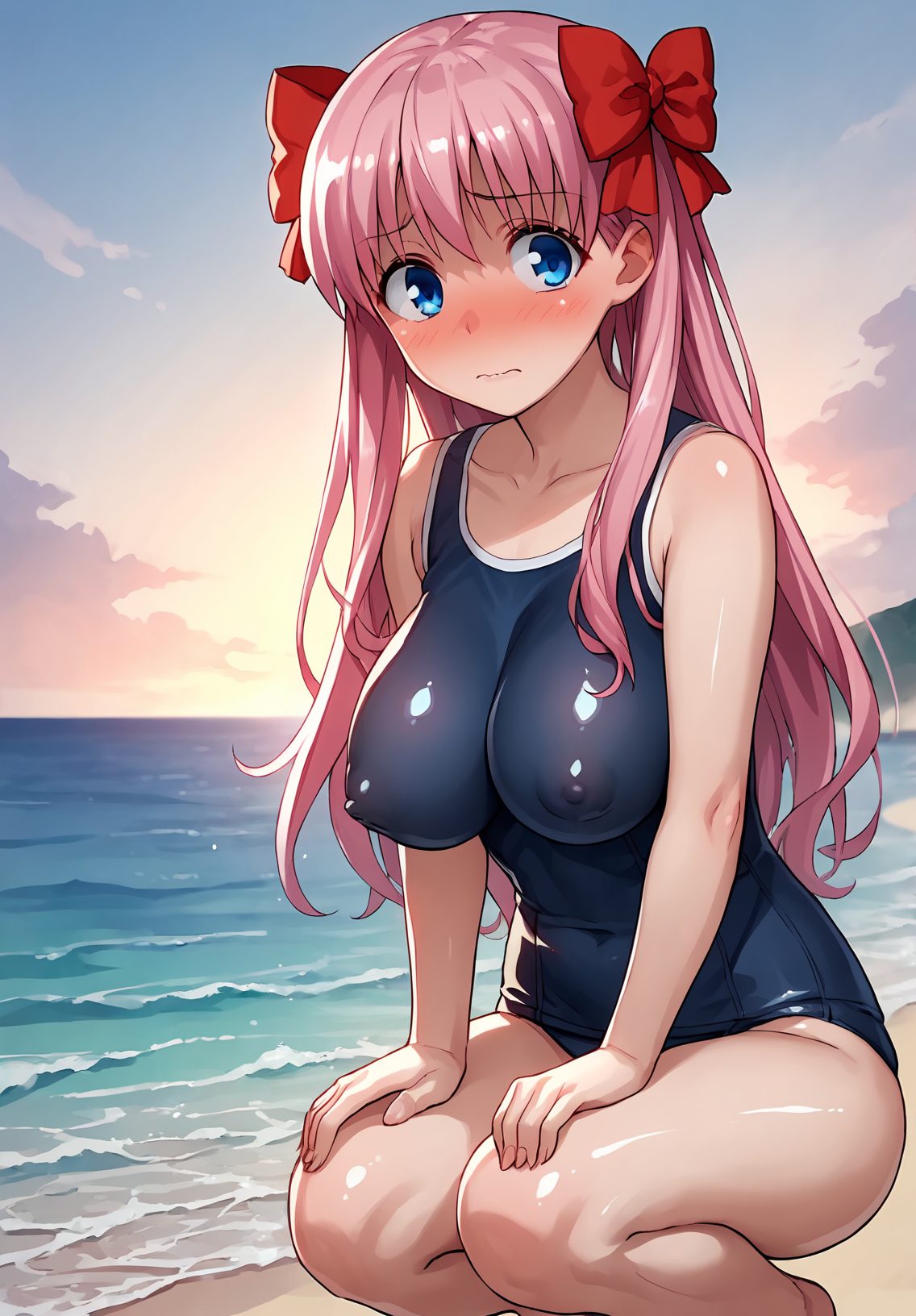 solo, covered nipples, 1girl, shiny, school swimsuit, outdoors, one-piece swimsuit, long hair, breasts, haramura nodoka, blush, hair bow, blue eyes, bow, swimsuit, pink hair, collarbone, ocean, shiny skin, closed mouth, red bow, shiny clothes, day, water, sky, impossible clothes, shiny hair, blue one-piece swimsuit, large breasts, bangs, horizon, looking at viewer, embarrassed, covered navel, beach, cloud, squatting, impossible swimsuit, bare legs, waves, sun, nose blush, competition school swimsuit, bare arms, wavy mouth, straight hair, skin tight, blue sky, barefoot, bare shoulders, fingernails, backlighting, 赤面, ピンク髪, 乳首チラ, 裸足, 水着, ロングヘア, 巨乳, 光沢, ぱっつん, ワンピース, テカリ, スクール水着, 足, 咲-Saki-, Posted