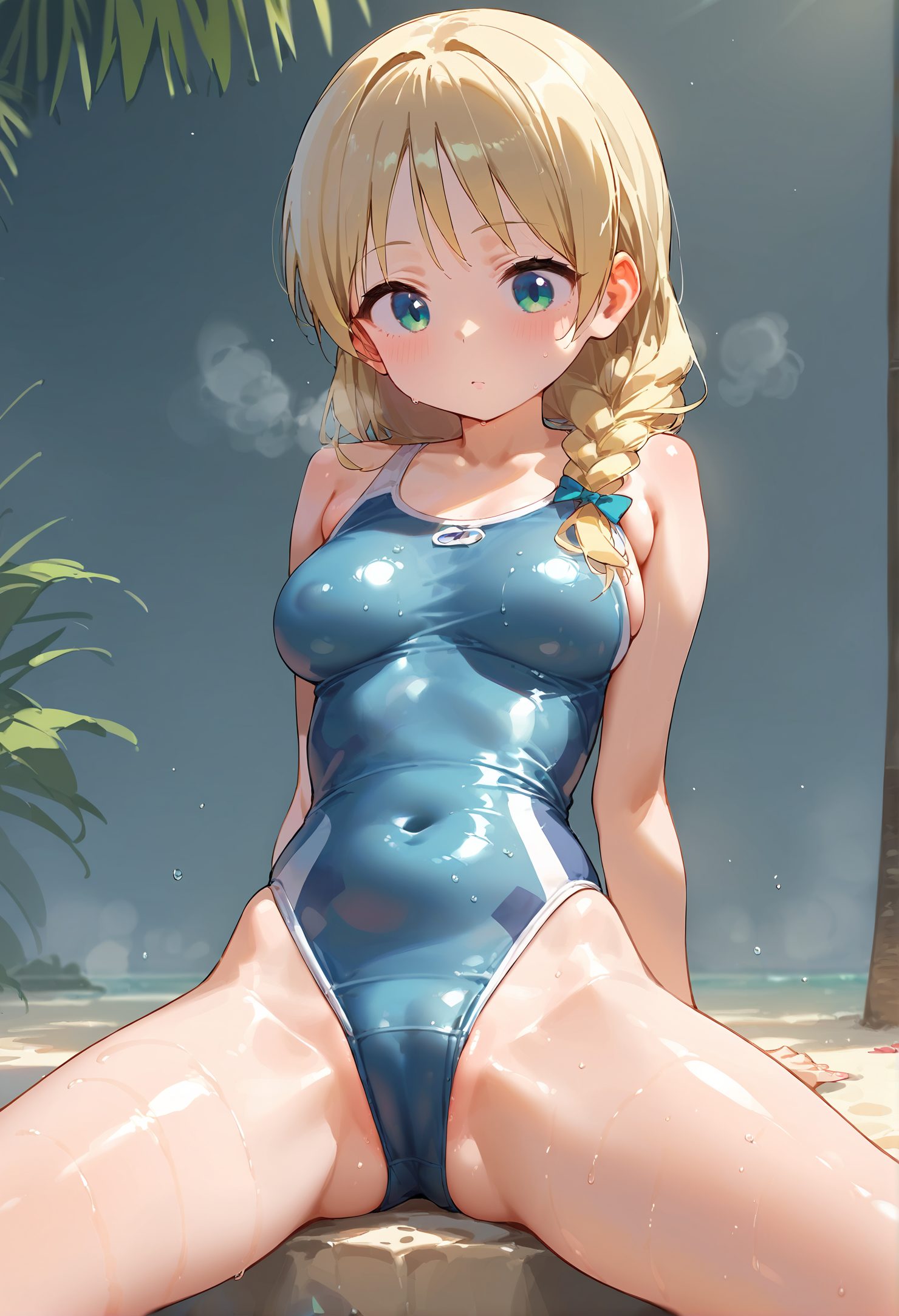 1girl, solo, one-piece swimsuit, breasts, wet, blue one-piece swimsuit, blonde hair, braid, swimsuit, spread legs, sitting, covered navel, looking at viewer, blush, highleg, highleg swimsuit, long hair, wet swimsuit, bare shoulders, outdoors, thighs, bow, hair bow, collarbone, wet clothes, hair over shoulder, medium breasts, cameltoe, blue bow, bangs, bare arms, closed mouth, large breasts, green eyes, competition swimsuit, shiny clothes, aqua eyes, single braid, 赤面, M字開脚, 競泳水着, 裸足, 水着, 開脚, ロングヘア, 巨乳, 濡れ, ワンピース, 透け, ぱっつん, 金髪, ハイグレ, Posted, 巨乳_posted