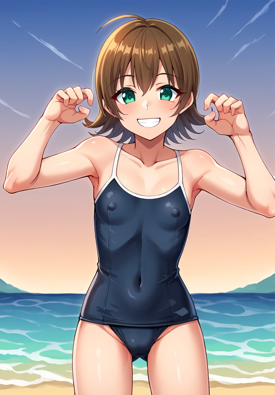 1girl, solo, smile, breasts, looking at viewer, swimsuit, covered nipples, covered navel, small breasts, one-piece swimsuit, cowboy shot, school swimsuit, grin, brown hair, beach, collarbone, short hair, ass visible through thighs, black one-piece swimsuit, ocean, outdoors, green eyes, blush, bangs, standing, shiny, armpits, ahoge, horizon, hair between eyes, hands up, 赤面, 笑顔, 乳首チラ, 水着, アホ毛, 貧乳, ぱっつん, ワンピース, アングル, スクール水着, ショートカット, Posted