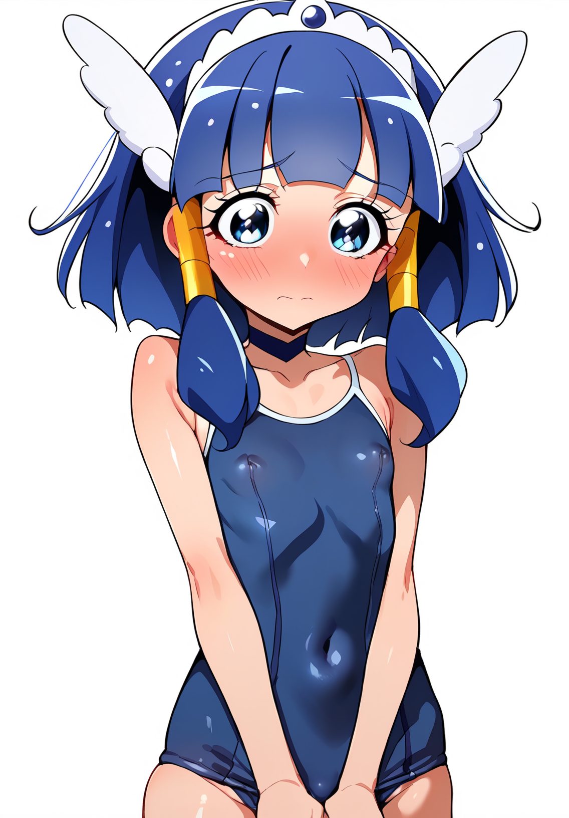 1girl, solo, swimsuit, blush, blue eyes, one-piece swimsuit, simple background, school swimsuit, white background, covered navel, black hair, looking at viewer, bangs, blunt bangs, embarrassed, choker, covered nipples, closed mouth, short hair, hairband, breasts, 赤面, 黒髪, 乳首チラ, 水着, ぱっつん, ワンピース, スクール水着, ショートカット, Posted