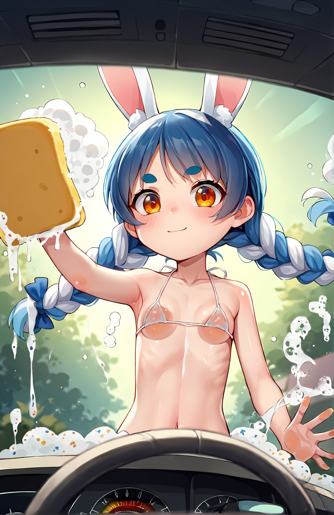 1girl, animal ears, bikini, swimsuit, rabbit ears, micro bikini, long hair, blue hair, solo, breasts, virtual youtuber, braid, animal ear fluff, twin braids, navel, small breasts, multicolored hair, two-tone hair, white hair, usada pekora, looking at viewer, white bikini, smile, twintails, bangs, rabbit girl, orange eyes, blush, collarbone, closed mouth, loli, thick eyebrows, nipples, short eyebrows, symbol-shaped pupils, bikini top only, holding, hair ornament, bow, 赤面, 笑顔, バニーガール, 乳首, ツインテール, 水着, 獣耳, 青髪, ロングヘア, 貧乳, マイクロビキニ, ぱっつん, うさ耳, 白髪, 白髪・銀髪, 兎田ぺこら, ホロライブ, ok