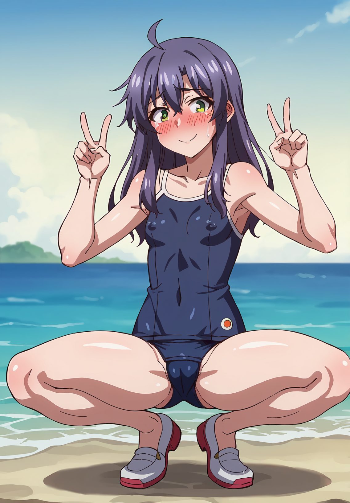1girl, v, squatting, double v, solo, swimsuit, one-piece swimsuit, school swimsuit, cameltoe, long hair, blush, covered nipples, small breasts, breasts, beach, ahoge, spread legs, shoes, outdoors, looking at viewer, covered navel, purple hair, blue one-piece swimsuit, smile, yellow eyes, full body, hair between eyes, ocean, green eyes, tiptoes, uwabaki, 赤面, 笑顔, M字開脚, 乳首チラ, 紫髪, 靴, 水着, アホ毛, 開脚, 上履き, ロングヘア, 貧乳, ワンピース, スクール水着, Posted