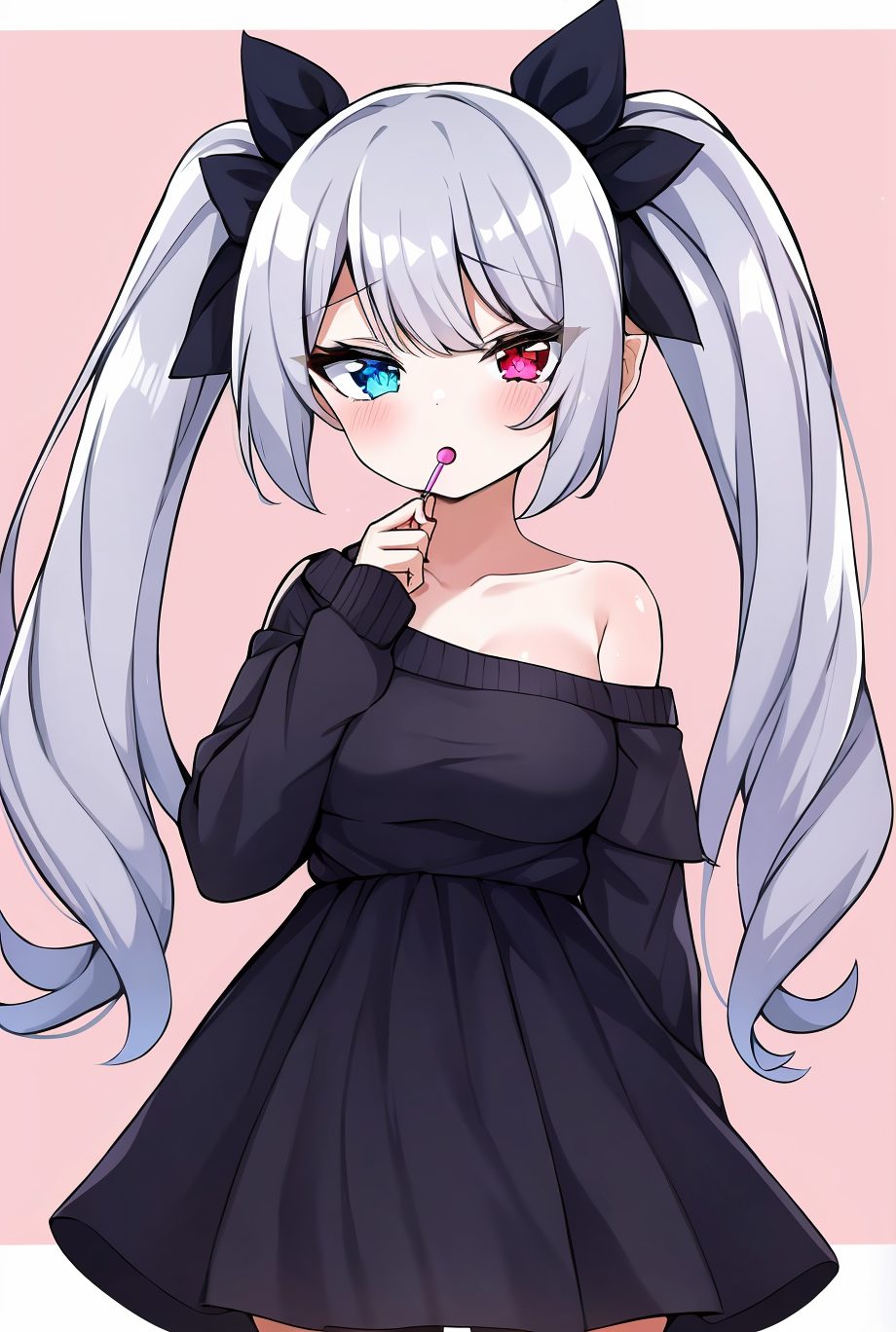 1girl, solo, twintails, heterochromia, food, blue eyes, dress, long hair, off shoulder, holding, candy, lollipop, holding food, bare shoulders, looking at viewer, blush, collarbone, long sleeves, holding candy, black dress, grey hair, breasts, sweater, holding lollipop, pointy ears, red eyes, bangs, simple background, black sweater, very long hair, ribbon, pink eyes, cowboy shot, black ribbon, pink background, medium breasts, hair ribbon, sleeves past wrists, off-shoulder dress, off-shoulder sweater, 赤面, ツインテール, 銀髪, セーター, 赤目, ロングヘア, ぱっつん, アングル, 白髪・銀髪, ok