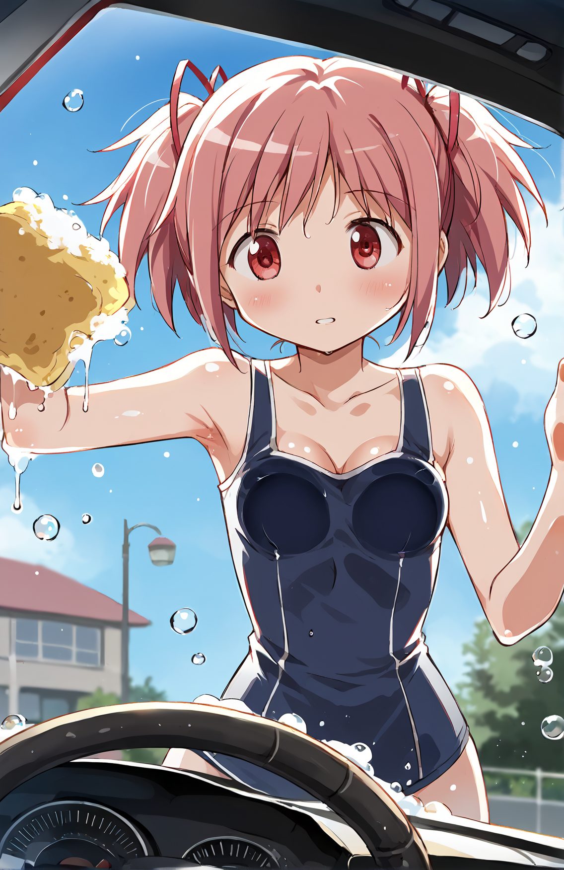 kaname madoka, 1girl, school swimsuit, swimsuit, pink hair, twintails, breasts, one-piece swimsuit, solo, sponge, ground vehicle, car, blush, motor vehicle, ribbon, pink eyes, sky, short twintails, short hair, car interior, hair ribbon, day, small breasts, blue sky, breast press, looking at viewer, cloud, red eyes, water drop, collarbone, against glass, wet, 赤面, ツインテール, 水着, 赤目, パイスラ, 貧乳, おっぱい, ワンピース, スクール水着, ショートカット, ピンク髪, 魔法少女まどか☆マギカ, 鹿目まどか, Posted
