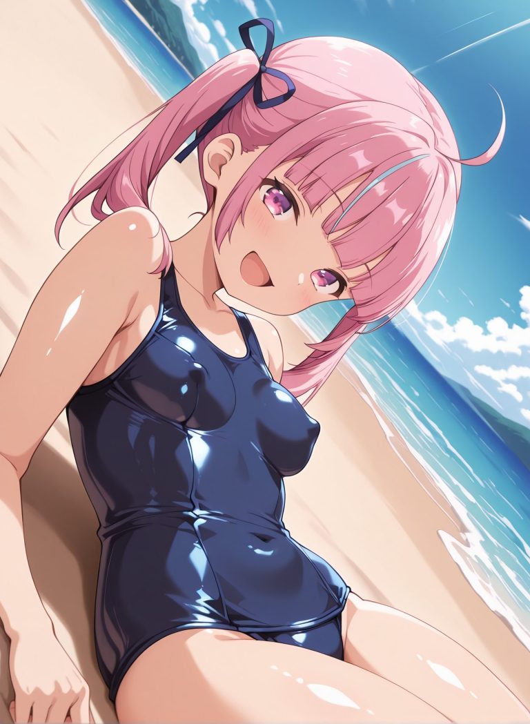 questionable, 1girl, solo, long_hair, breasts, looking_at_viewer, blush, smile, open_mouth, bangs, ribbon, bare_shoulders, twintails, sitting, blue_hair, purple_eyes, swimsuit, hair_ribbon, pink_hair, ahoge, :d, multicolored_hair, small_breasts, outdoors, sky, day, shiny, cloud, virtual_youtuber, blunt_bangs, pink_eyes, water, covered_nipples, two-tone_hair, blue_sky, streaked_hair, one-piece_swimsuit, shiny_skin, dutch_angle, covered_navel, ocean, beach, school_swimsuit, skin_tight, shiny_clothes, blue_one-piece_swimsuit, colored_inner_hair, sand, minato_aqua, 赤面, 笑顔, ツインテール, 水着, アホ毛, 貧乳, ぱっつん, ワンピース, スクール水着, ぴっちりスーツ, バーチャルYouTuber, ホロライブ, 湊あくあ, Posted, 長い髪, 口開き, 前髪, リボン, 肩出し, 座り, 青髪, 髪リボン, ピンク髪, 多色髪, 小さな胸, 光沢, ワンピース水着, 光沢肌, 学校水着, みなとあくあ