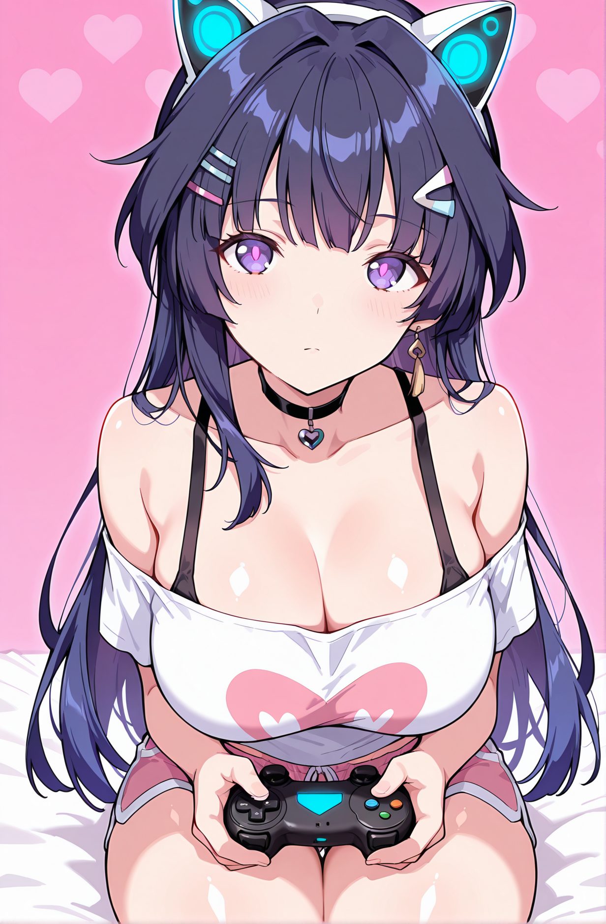 sensitive, 1girl, solo, long_hair, breasts, looking_at_viewer, blush, bangs, large_breasts, shirt, hair_ornament, holding, animal_ears, cleavage, bare_shoulders, jewelry, sitting, closed_mouth, underwear, purple_eyes, collarbone, white_shirt, purple_hair, short_sleeves, heart, thighs, earrings, shorts, choker, hairclip, off_shoulder, bra, short_shorts, fake_animal_ears, black_choker, pink_background, black_bra, off-shoulder_shirt, controller, game_controller, bra_strap, dolphin_shorts, animal_ear_headphones, cat_ear_headphones, holding_controller, playstation_controller, raiden_mei, ブラジャー, 下着, 巨乳, 胸チラ, Tシャツ, うさ耳, ぱっつん, 獣耳, Posted, 巨乳_posted, 長い髪, 赤面, 前髪, 大きな胸, シャツ, 髪飾り, 動物耳, 肩出し, ジュエリー, 座り, 口閉じ, 鎖骨, 白シャツ, 紫髪, イヤリング, チョーカー, ヘアクリップ, ブラ, 偽動物耳, 黒チョーカー, 雷電芽衣