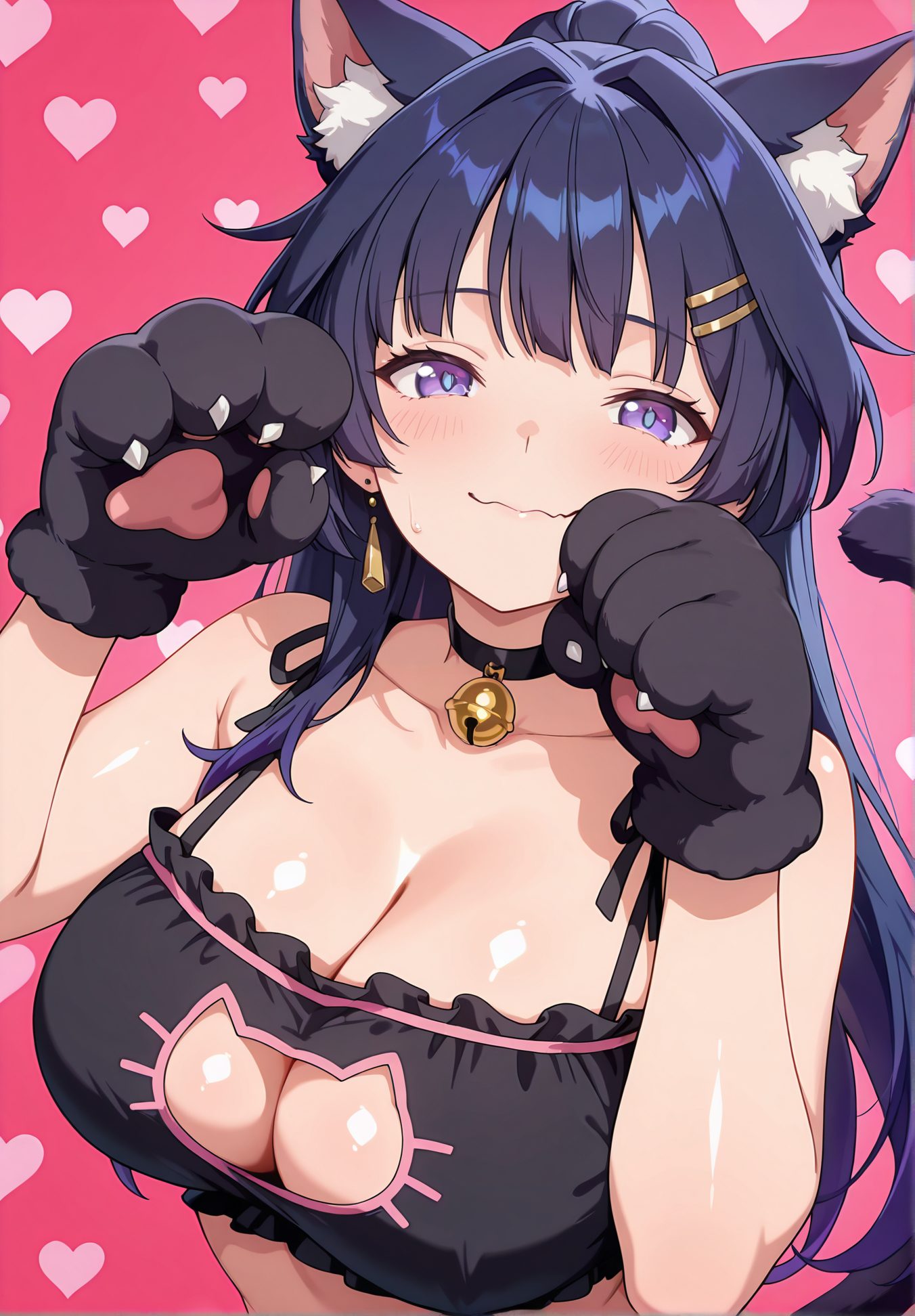 sensitive, 1girl, solo, long_hair, breasts, looking_at_viewer, blush, smile, bangs, large_breasts, hair_ornament, gloves, animal_ears, cleavage, bare_shoulders, jewelry, closed_mouth, underwear, purple_eyes, collarbone, tail, upper_body, ponytail, purple_hair, heart, earrings, choker, hairclip, cat_ears, bra, cat_tail, animal_ear_fluff, clothing_cutout, bell, :3, black_choker, wavy_mouth, cleavage_cutout, pink_background, black_bra, jingle_bell, neck_bell, kemonomimi_mode, animal_hands, paw_pose, meme_attire, paw_gloves, frilled_bra, cat_cutout, cat_lingerie, raiden_mei, 長い髪, 赤面, 笑顔, 前髪, 大きな胸, 髪飾り, 手袋, 動物耳, 肩出し, ジュエリー, 口閉じ, 下着, 鎖骨, ポニーテール, 紫髪, イヤリング, チョーカー, ヘアクリップ, ブラ, 黒チョーカー, 猫ランジェリー, 雷電芽衣, Posted