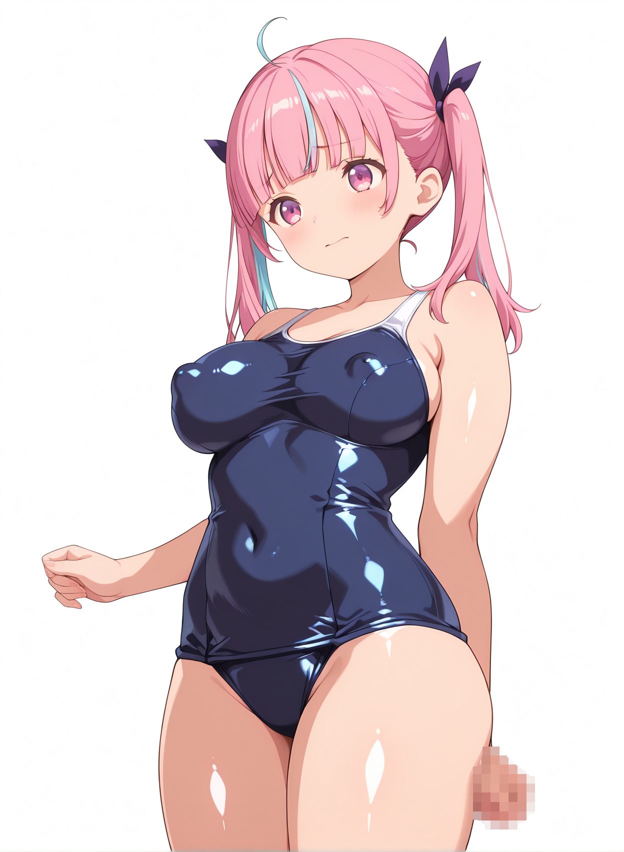 questionable, 1girl, solo, long_hair, breasts, blush, bangs, large_breasts, simple_background, white_background, ribbon, bare_shoulders, twintails, closed_mouth, blue_hair, standing, purple_eyes, swimsuit, hair_ribbon, pink_hair, ahoge, thighs, multicolored_hair, cowboy_shot, shiny, virtual_youtuber, blunt_bangs, pink_eyes, covered_nipples, two-tone_hair, streaked_hair, one-piece_swimsuit, shiny_skin, covered_navel, school_swimsuit, shiny_clothes, blue_one-piece_swimsuit, minato_aqua, 赤面, ツインテール, 水着, アホ毛, 巨乳, ぱっつん, ワンピース, スクール水着, バーチャルYouTuber, ホロライブ, 湊あくあ, 長い髪, 前髪, 大きな胸, リボン, 肩出し, 口閉じ, 青髪, 髪リボン, ピンク髪, 多色髪, 光沢, ワンピース水着, 光沢肌, 学校水着, みなとあくあ