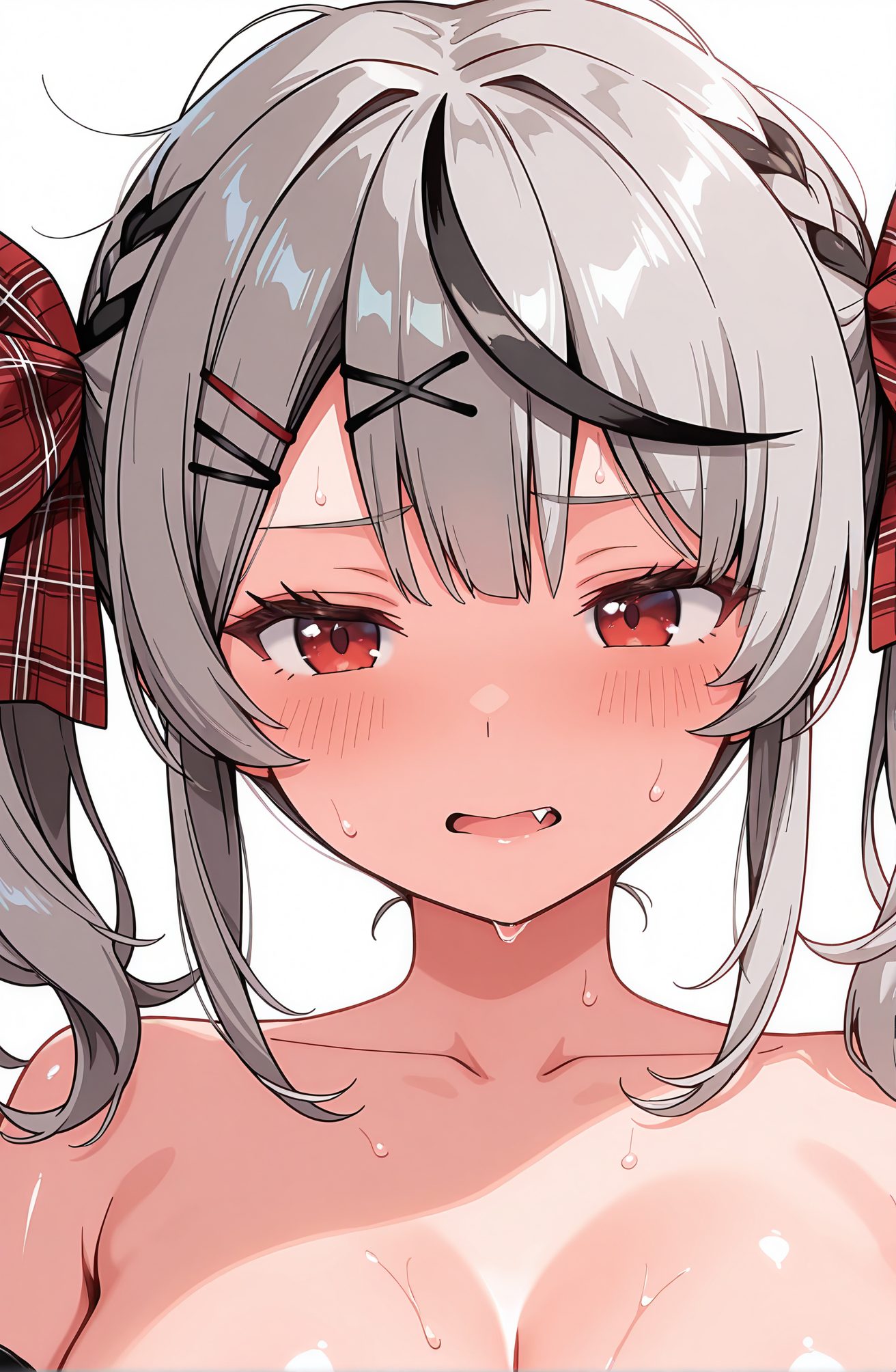 sensitive, questionable, 1girl, solo, breasts, looking_at_viewer, blush, open_mouth, bangs, large_breasts, simple_background, black_hair, hair_ornament, red_eyes, white_background, bow, cleavage, twintails, collarbone, upper_body, braid, grey_hair, nude, multicolored_hair, sweat, hairclip, fang, virtual_youtuber, streaked_hair, x_hair_ornament, portrait, sakamata_chloe, 赤面, 口開き, 前髪, 大きな胸, 黒髪, 髪飾り, 赤い目, ボウ, ツインテール, 鎖骨, 灰髪, 裸, 多色髪, 汗, ヘアクリップ, バーチャルYouTuber, 沙花叉クロヱ