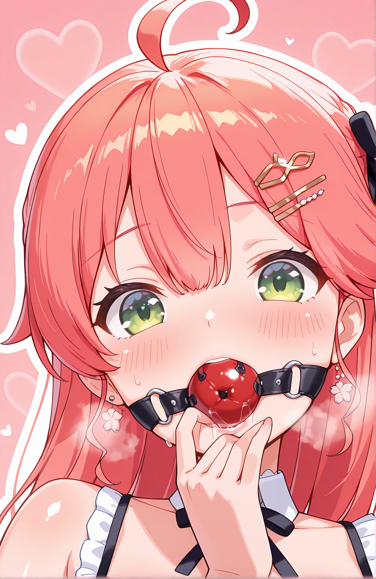 sensitive, questionable, 1girl, solo, long_hair, looking_at_viewer, blush, bangs, hair_ornament, bare_shoulders, jewelry, green_eyes, pink_hair, ahoge, heart, sweat, earrings, hairclip, virtual_youtuber, saliva, gag, gagged, ball_gag, sakura_miko, 長い髪, 赤面, 前髪, 髪飾り, 肩出し, ジュエリー, 緑の目, ピンク髪, アホ毛, 汗, イヤリング, ヘアクリップ, バーチャルYouTuber, よだれ, さくらみこ