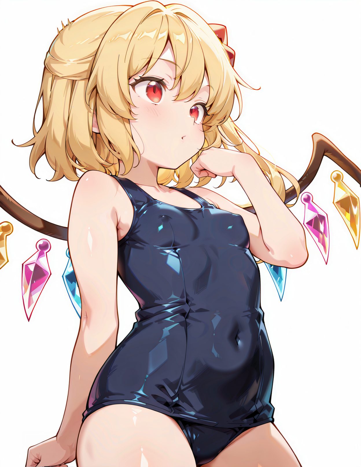 questionable, 1girl, solo, breasts, blush, bangs, blonde_hair, simple_background, red_eyes, white_background, bare_shoulders, closed_mouth, standing, swimsuit, cowboy_shot, small_breasts, wings, shiny, hand_up, covered_nipples, one-piece_swimsuit, bare_arms, covered_navel, one_side_up, school_swimsuit, no_headwear, shiny_clothes, blue_one-piece_swimsuit, crystal, old_school_swimsuit, flandre_scarlet, 赤面, 水着, 貧乳, ぱっつん, ワンピース, スクール水着, 東方Project, フランドール・スカーレット, Posted, 前髪, 金髪, 赤い目, 肩出し, 口閉じ, 小さな胸, 光沢, ワンピース水着, 片側アップ, 学校水着, 旧スクール水着, スクール水着_posted