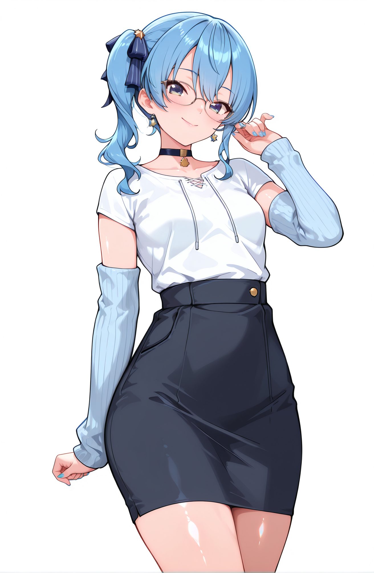 sensitive, 1girl, solo, long_hair, breasts, looking_at_viewer, blush, smile, bangs, blue_eyes, skirt, simple_background, shirt, long_sleeves, white_background, ribbon, jewelry, closed_mouth, blue_hair, collarbone, hair_ribbon, white_shirt, short_sleeves, thighs, cowboy_shot, earrings, small_breasts, detached_sleeves, glasses, alternate_costume, choker, virtual_youtuber, hand_up, black_skirt, medium_hair, star_(symbol), nail_polish, side_ponytail, black_choker, pencil_skirt, blue_nails, high-waist_skirt, bespectacled, arm_warmers, symbol_in_eye, star_in_eye, star_choker, hoshimachi_suisei, 長い髪, 赤面, 笑顔, 前髪, 青い目, スカート, シャツ, リボン, ジュエリー, 口閉じ, 青髪, 鎖骨, 髪リボン, 白シャツ, イヤリング, 小さな胸, チョーカー, バーチャルYouTuber, サイドポニーテール, 黒チョーカー, ペンシルスカート, ハイウエストスカート, 星街すいせい, 星街すいせい_posted