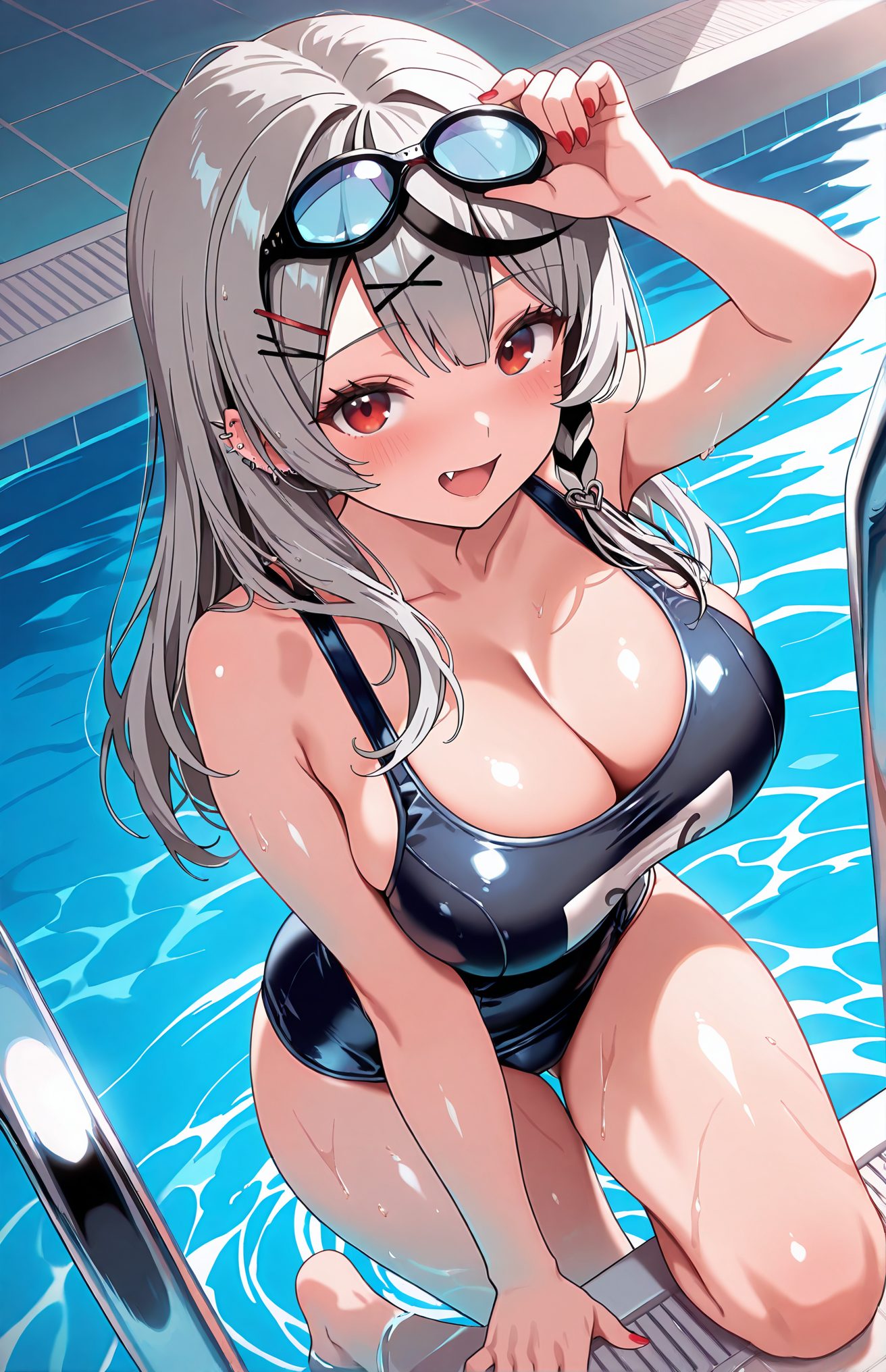 sensitive, 1girl, solo, long_hair, breasts, looking_at_viewer, blush, smile, open_mouth, bangs, large_breasts, black_hair, hair_ornament, red_eyes, cleavage, collarbone, swimsuit, braid, :d, grey_hair, thighs, multicolored_hair, hairclip, fang, virtual_youtuber, water, nail_polish, arm_up, streaked_hair, wet, one-piece_swimsuit, piercing, sunglasses, school_swimsuit, x_hair_ornament, goggles, ear_piercing, red_nails, eyewear_on_head, goggles_on_head, pool, poolside, pool_ladder, sakamata_chloe, 長い髪, 赤面, 笑顔, 口開き, 前髪, 大きな胸, 黒髪, 髪飾り, 赤い目, 鎖骨, 水着, 灰髪, 多色髪, ヘアクリップ, バーチャルYouTuber, ワンピース水着, 学校水着, 沙花叉クロヱ