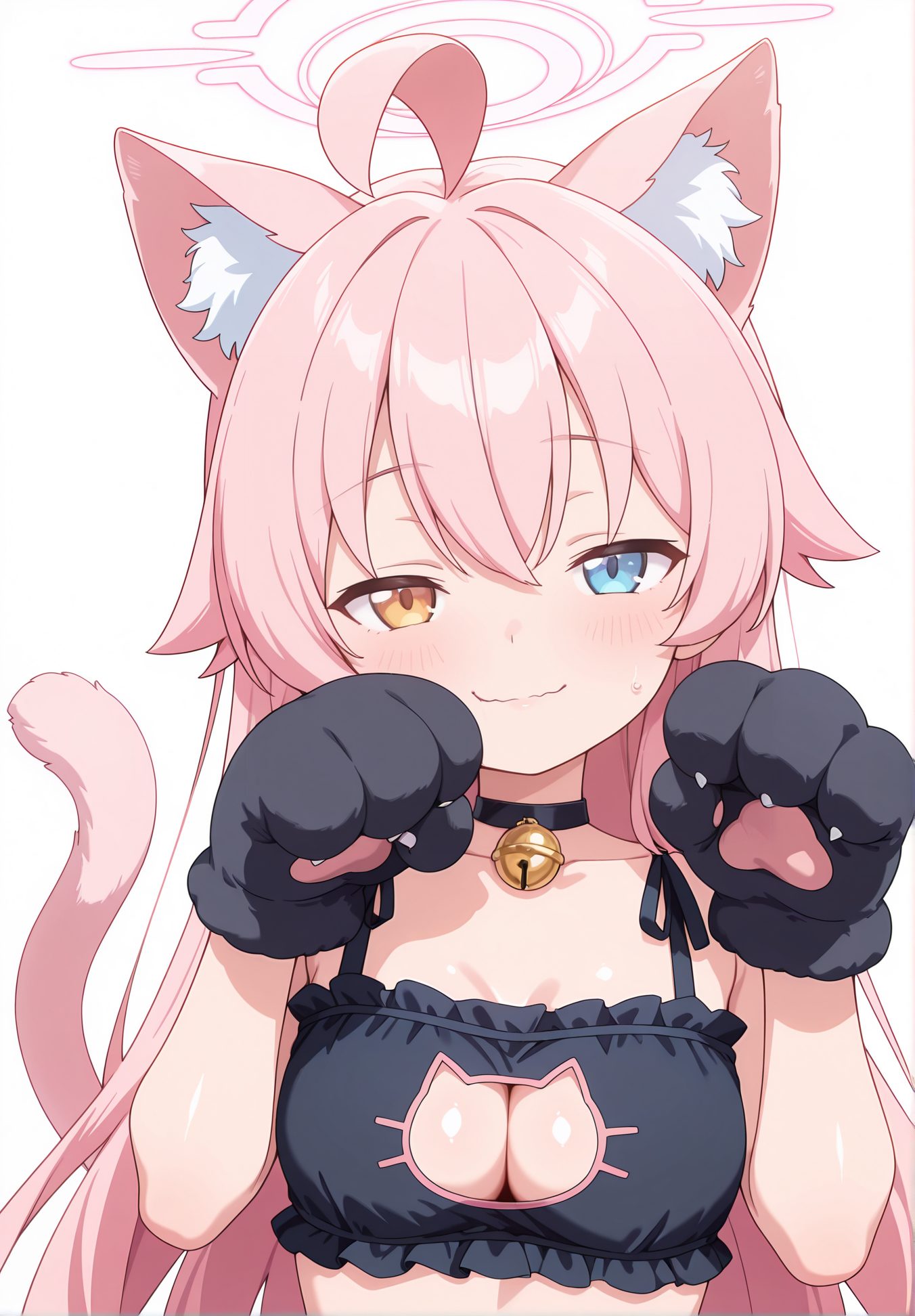 sensitive, 1girl, solo, long_hair, breasts, looking_at_viewer, blush, smile, bangs, blue_eyes, simple_background, gloves, white_background, animal_ears, cleavage, bare_shoulders, medium_breasts, closed_mouth, underwear, collarbone, tail, yellow_eyes, upper_body, pink_hair, ahoge, frills, choker, cat_ears, bra, cat_tail, animal_ear_fluff, hands_up, clothing_cutout, bell, heterochromia, black_choker, halo, cleavage_cutout, cat_girl, black_bra, jingle_bell, neck_bell, animal_hands, paw_pose, meme_attire, paw_gloves, frilled_bra, cat_cutout, cat_lingerie, hoshino_(blue_archive), 長い髪, 赤面, 笑顔, 前髪, 青い目, 手袋, 動物耳, 肩出し, 中くらいの胸, 口閉じ, 下着, 鎖骨, ピンク髪, アホ毛, チョーカー, ブラ, 黒チョーカー, 猫ランジェリー, ホシノ（ブルーアーカイブ）, Posted, ホシノ_posted
