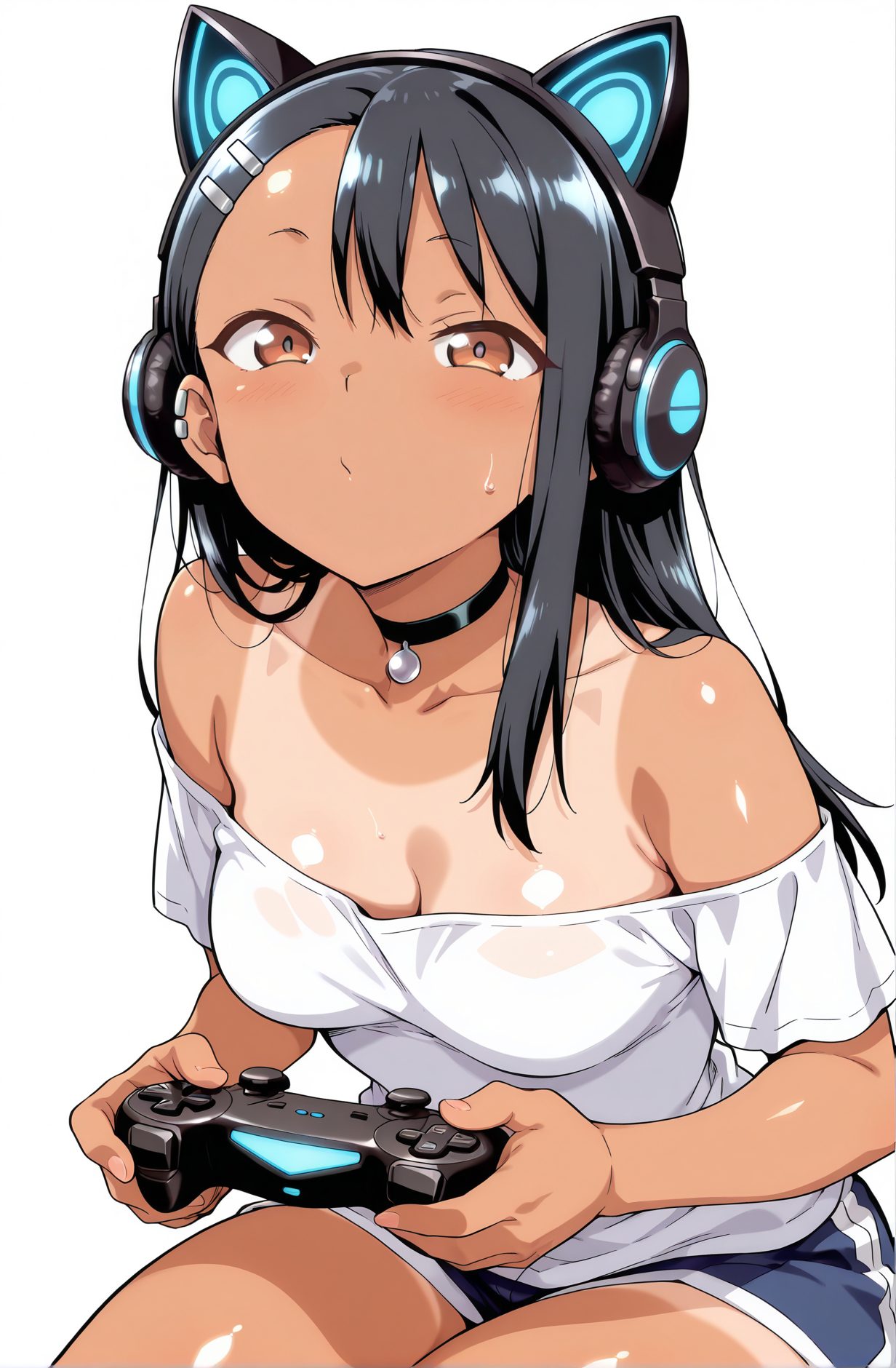 sensitive, 1girl, solo, long_hair, breasts, looking_at_viewer, blush, simple_background, shirt, black_hair, hair_ornament, white_background, holding, animal_ears, cleavage, bare_shoulders, brown_eyes, medium_breasts, sitting, collarbone, white_shirt, sweat, shorts, choker, hairclip, shiny, dark_skin, off_shoulder, dark-skinned_female, shiny_skin, short_shorts, fake_animal_ears, headphones, black_choker, tan, tanlines, off-shoulder_shirt, controller, one-piece_tan, game_controller, animal_ear_headphones, cat_ear_headphones, holding_controller, gamepad, playstation_controller, holding_game_controller, nagatoro_hayase, 日焼け, 褐色肌, 胸チラ, Tシャツ, うさ耳, 汗, 夏, 獣耳, 長い髪, 赤面, シャツ, 黒髪, 髪飾り, 動物耳, 肩出し, 中くらいの胸, 座り, 鎖骨, 白シャツ, チョーカー, ヘアクリップ, 光沢, 褐色女性, 光沢肌, 偽動物耳, 黒チョーカー, 日焼け跡, 一枚水着の日焼け, 長瀞早瀬