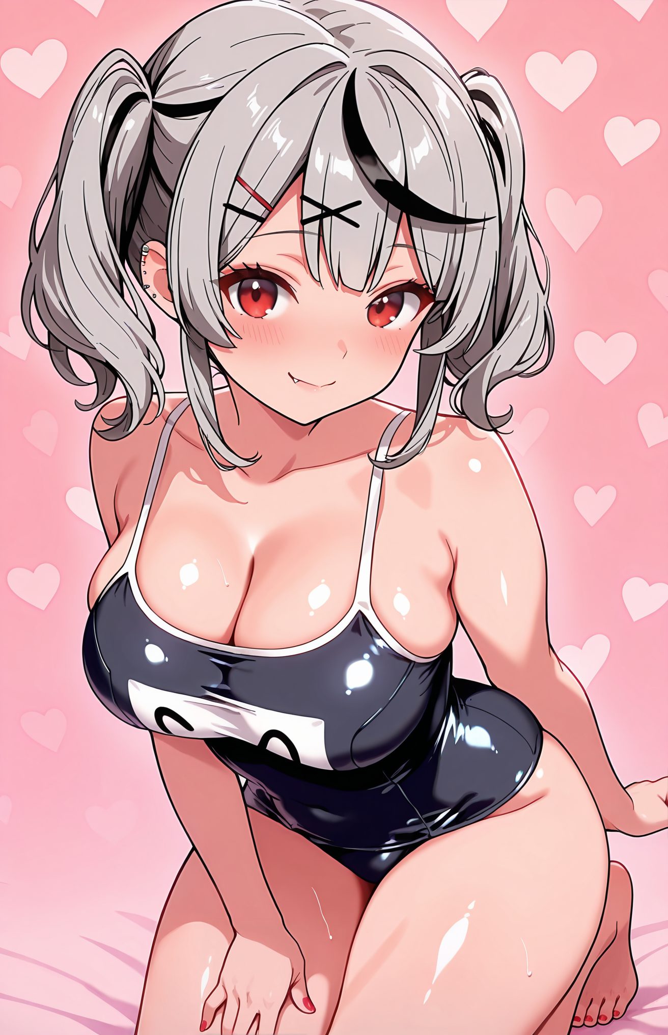 sensitive, 1girl, solo, breasts, looking_at_viewer, blush, smile, bangs, large_breasts, black_hair, hair_ornament, red_eyes, cleavage, bare_shoulders, twintails, closed_mouth, collarbone, swimsuit, grey_hair, heart, thighs, multicolored_hair, barefoot, hairclip, fang, shiny, virtual_youtuber, medium_hair, nail_polish, streaked_hair, one-piece_swimsuit, shiny_skin, kneeling, covered_navel, piercing, pink_background, school_swimsuit, x_hair_ornament, ear_piercing, red_nails, skin_fang, shiny_clothes, black_one-piece_swimsuit, fang_out, competition_school_swimsuit, heart_background, sakamata_chloe, 赤面, 笑顔, 前髪, 大きな胸, 黒髪, 髪飾り, 赤い目, 肩出し, ツインテール, 口閉じ, 鎖骨, 水着, 灰髪, 多色髪, ヘアクリップ, 光沢, バーチャルYouTuber, ワンピース水着, 光沢肌, 学校水着, 競泳用スクール水着, 沙花叉クロヱ