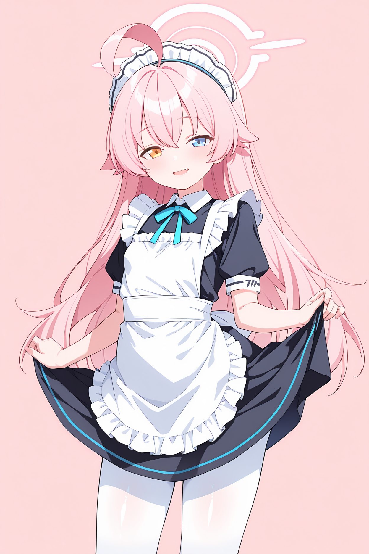 sensitive, 1girl, solo, long_hair, looking_at_viewer, blush, smile, open_mouth, bangs, blue_eyes, simple_background, dress, ribbon, hair_between_eyes, very_long_hair, yellow_eyes, pink_hair, ahoge, short_sleeves, pantyhose, frills, alternate_costume, puffy_sleeves, clothes_lift, apron, black_dress, puffy_short_sleeves, maid, maid_headdress, neck_ribbon, heterochromia, halo, pink_background, lifted_by_self, white_apron, maid_apron, white_pantyhose, frilled_apron, enmaided, skirt_hold, hoshino_(blue_archive), 長い髪, 赤面, 笑顔, 口開き, 前髪, 青い目, リボン, 目にかかる髪, とても長い髪, ピンク髪, アホ毛, パンスト, 衣服たくし上げ, ホシノ（ブルーアーカイブ）, Posted, ホシノ_posted