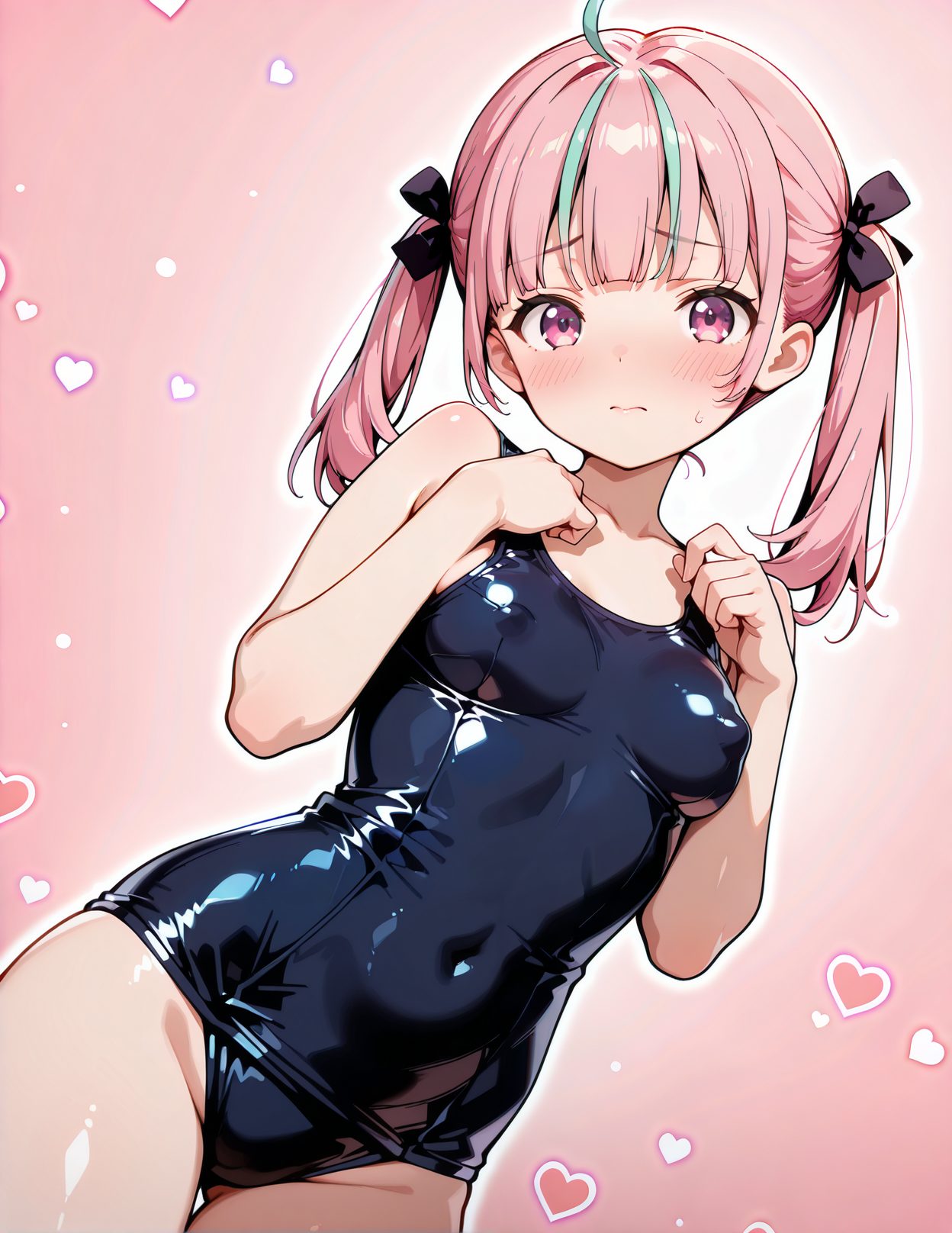 sensitive, questionable, 1girl, solo, long_hair, breasts, looking_at_viewer, blush, bangs, bow, ribbon, bare_shoulders, twintails, medium_breasts, closed_mouth, blue_hair, collarbone, swimsuit, hair_ribbon, pink_hair, ahoge, heart, multicolored_hair, cowboy_shot, small_breasts, shiny, virtual_youtuber, blunt_bangs, pink_eyes, sweatdrop, covered_nipples, two-tone_hair, streaked_hair, one-piece_swimsuit, shiny_skin, hands_up, bare_arms, dutch_angle, covered_navel, ass_visible_through_thighs, pink_background, school_swimsuit, skin_tight, shiny_clothes, blue_one-piece_swimsuit, old_school_swimsuit, minato_aqua, 赤面, 恥じらい, ツインテール, 水着, アホ毛, 貧乳, ぱっつん, ワンピース, スクール水着, ぴっちりスーツ, バーチャルYouTuber, ホロライブ, 湊あくあ, 長い髪, 前髪, ボウ, リボン, 肩出し, 中くらいの胸, 口閉じ, 青髪, 鎖骨, 髪リボン, ピンク髪, 多色髪, 小さな胸, 光沢, 汗滴, ワンピース水着, 光沢肌, 学校水着, 旧スクール水着, みなとあくあ