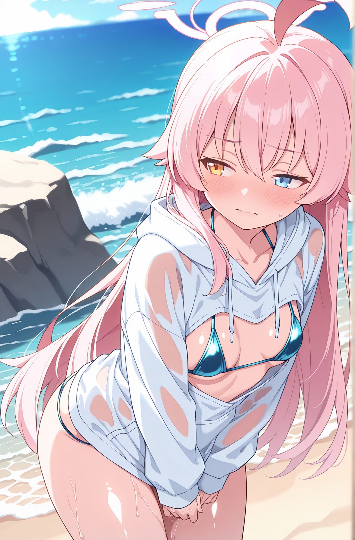 sensitive, 1girl, solo, long_hair, breasts, blush, bangs, blue_eyes, long_sleeves, very_long_hair, closed_mouth, swimsuit, yellow_eyes, pink_hair, ahoge, bikini, thighs, small_breasts, outdoors, sky, day, cloud, hood, water, blue_sky, wet, ocean, heterochromia, embarrassed, halo, beach, blue_bikini, sand, drawstring, hoshino_(blue_archive), 長い髪, 赤面, 前髪, 青い目, とても長い髪, 口閉じ, 水着, ピンク髪, アホ毛, ビキニ, 小さな胸, ホシノ（ブルーアーカイブ）