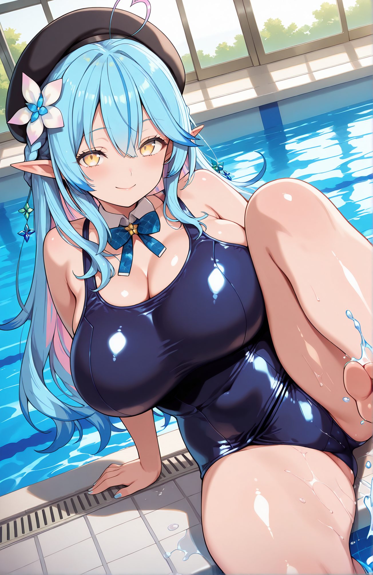sensitive, 1girl, solo, long_hair, breasts, looking_at_viewer, blush, smile, bangs, large_breasts, hair_ornament, hat, bow, cleavage, hair_between_eyes, bare_shoulders, sitting, closed_mouth, blue_hair, swimsuit, yellow_eyes, braid, flower, ahoge, heart, thighs, multicolored_hair, barefoot, pointy_ears, shiny, indoors, virtual_youtuber, hair_flower, bowtie, water, nail_polish, huge_breasts, streaked_hair, wet, one-piece_swimsuit, shiny_skin, detached_collar, cameltoe, beret, school_swimsuit, elf, blue_nails, shiny_clothes, blue_one-piece_swimsuit, pool, poolside, colored_tips, heart_ahoge, pool_ladder, yukihana_lamy, 長い髪, 赤面, 笑顔, 前髪, 大きな胸, 髪飾り, 帽子, ボウ, 目にかかる髪, 肩出し, 座り, 口閉じ, 青髪, 水着, アホ毛, 多色髪, 光沢, バーチャルYouTuber, 髪の花, 巨大な胸, ワンピース水着, 光沢肌, ベレー帽, 学校水着, 雪花ラミィ