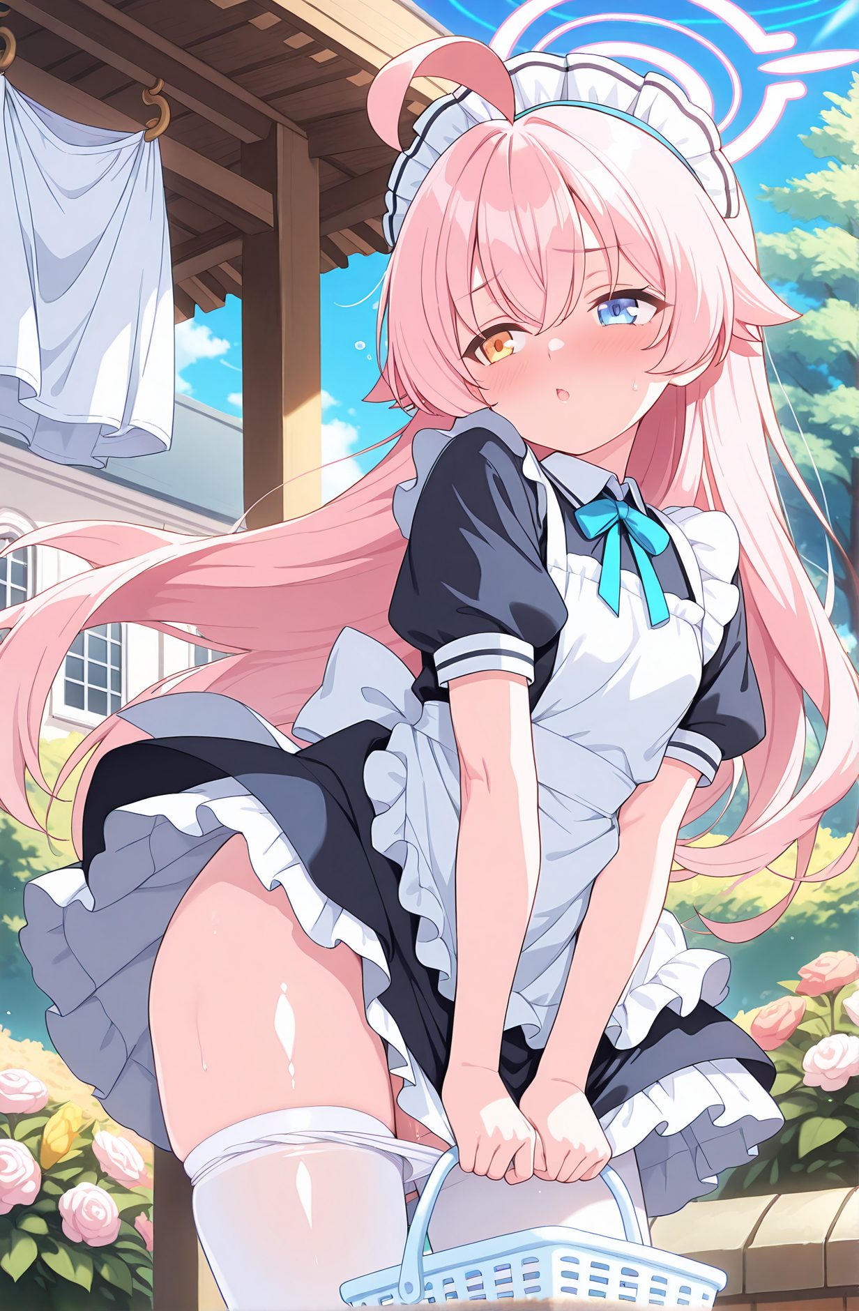 sensitive, 1girl, solo, long_hair, blush, bangs, blue_eyes, thighhighs, dress, bow, holding, hair_between_eyes, very_long_hair, standing, yellow_eyes, pink_hair, flower, ahoge, short_sleeves, pantyhose, sweat, outdoors, frills, parted_lips, sky, alternate_costume, day, puffy_sleeves, cloud, :o, apron, black_dress, white_thighhighs, blue_sky, puffy_short_sleeves, maid, maid_headdress, window, neck_ribbon, rose, heterochromia, halo, blue_bow, clothes_pull, frilled_dress, white_apron, pink_flower, maid_apron, frilled_apron, enmaided, basket, bucket, pink_rose, holding_basket, laundry, holding_bucket, hoshino_(blue_archive), 長い髪, 赤面, 前髪, 青い目, 太ももハイソックス, ボウ, 目にかかる髪, とても長い髪, ピンク髪, アホ毛, パンスト, 汗, ホシノ（ブルーアーカイブ）