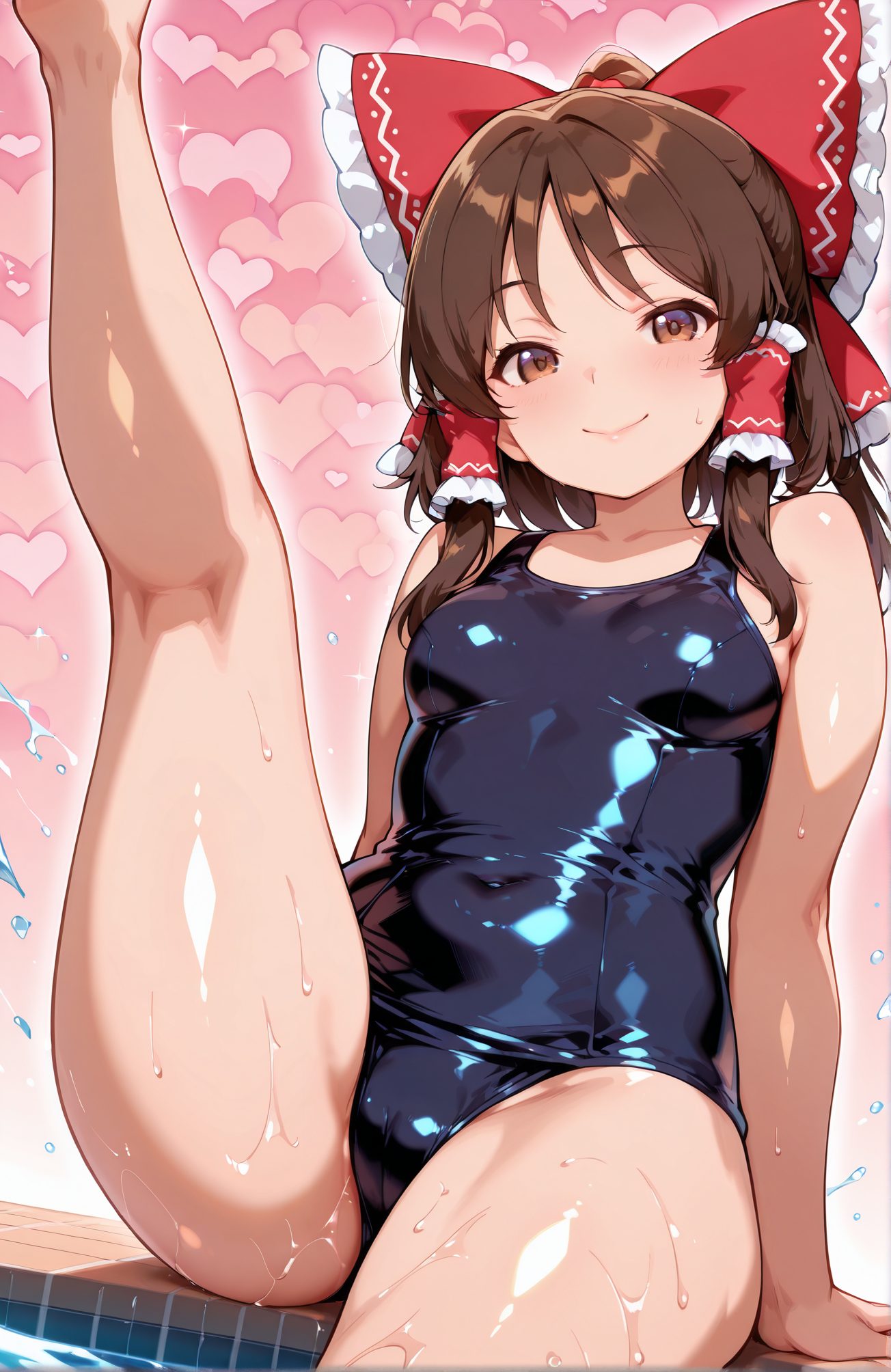 sensitive, 1girl, solo, breasts, looking_at_viewer, blush, smile, bangs, brown_hair, bow, bare_shoulders, brown_eyes, sitting, closed_mouth, collarbone, swimsuit, hair_bow, heart, sidelocks, thighs, small_breasts, frills, shiny, medium_hair, water, red_bow, wet, one-piece_swimsuit, shiny_skin, bare_arms, bare_legs, covered_navel, cameltoe, arm_support, hair_tubes, leg_up, school_swimsuit, shiny_clothes, blue_one-piece_swimsuit, frilled_bow, hakurei_reimu, 赤面, 笑顔, 前髪, 茶髪, ボウ, 肩出し, 座り, 口閉じ, 鎖骨, 水着, 髪ボウ, サイドロック, 小さな胸, 光沢, 赤リボン, ワンピース水着, 光沢肌, 学校水着, 博麗霊夢