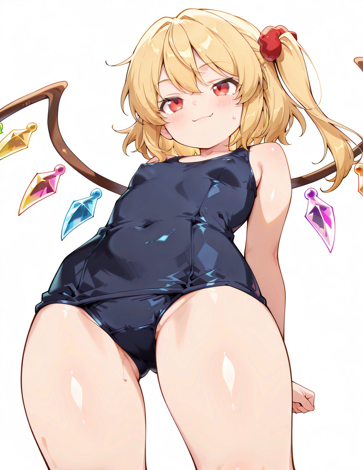 sensitive, questionable, 1girl, solo, breasts, looking_at_viewer, blush, smile, bangs, blonde_hair, simple_background, red_eyes, white_background, bare_shoulders, closed_mouth, swimsuit, thighs, small_breasts, wings, fang, shiny, sweatdrop, one-piece_swimsuit, covered_navel, one_side_up, ass_visible_through_thighs, looking_down, from_below, school_swimsuit, crystal, fang_out, old_school_swimsuit, flandre_scarlet, 赤面, 恥じらい, 笑顔, 水着, 貧乳, ぱっつん, ワンピース, スクール水着, 東方Project, フランドール・スカーレット, Posted, 前髪, 金髪, 赤い目, 肩出し, 口閉じ, 小さな胸, 光沢, 汗滴, ワンピース水着, 片側アップ, 学校水着, 旧スクール水着