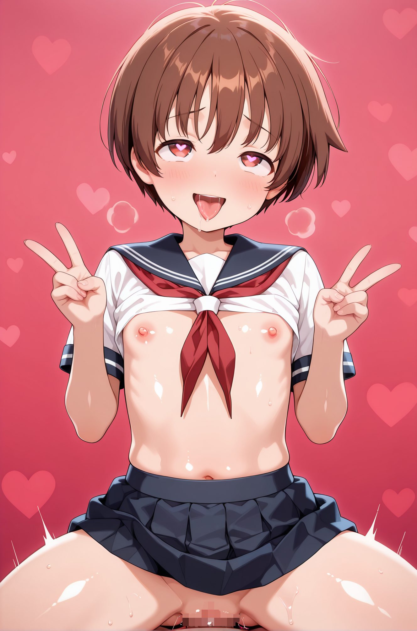 explicit, 1girl, looking_at_viewer, blush, short_hair, open_mouth, skirt, brown_hair, red_eyes, 1boy, navel, nipples, school_uniform, short_sleeves, hetero, heart, sweat, pleated_skirt, censored, penis, pussy, serafuku, solo_focus, tongue, spread_legs, sex, tongue_out, sailor_collar, clothes_lift, vaginal, flat_chest, neckerchief, shiny_skin, symbol-shaped_pupils, loli, v, no_bra, saliva, uncensored, pussy_juice, no_panties, shirt_lift, heart-shaped_pupils, pink_background, straddling, girl_on_top, red_neckerchief, cowgirl_position, clothed_sex, double_v, ahegao, miyanaga_saki, 赤面, 短い髪, 口開き, スカート, 茶髪, 赤い目, 乳首, 学校制服, 汗, セーラー服, 脚開き, セックス, 舌出し, 衣服たくし上げ, 膣内, 平らな胸, 光沢肌, ロリ, よだれ, 無修正, 愛液, ノーパン, シャツたくし上げ, ハート目, 跨がり, 女上位, 騎乗位, 着衣セックス, アヘ顔, 宮永咲