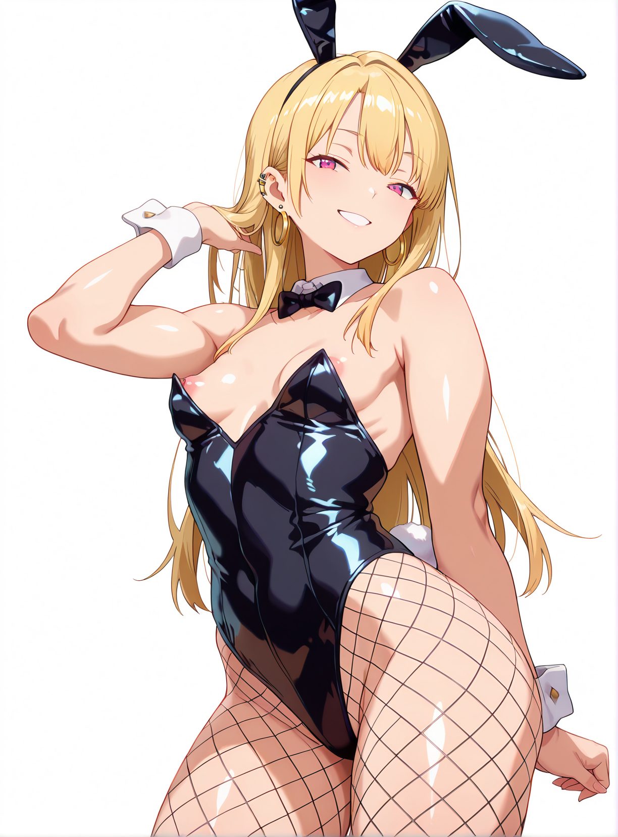 1girl, breasts, animal ears, solo, pantyhose, playboy bunny, blonde hair, rabbit ears, smile, fishnets, long hair, fishnet pantyhose, leotard, kitagawa marin, nipples, looking at viewer, detached collar, wrist cuffs, white background, piercing, fake animal ears, simple background, ear piercing, jewelry, rabbit tail, black leotard, grin, bowtie, tail, earrings, bow, bare shoulders, bangs, highleg, areola slip, highleg leotard, nipple slip, strapless leotard, thighs, blush, black bow, small breasts, strapless, pink eyes, black bowtie, 赤面, 笑顔, バニーガール, 乳首, パンスト, 乳首チラ, パンチラ, レオタード, 髪止め, 獣耳, 手錠, ロングヘア, 貧乳, 網タイツ, ぱっつん, 金髪, うさ耳, 尻尾, ハイグレ, 喜多川海夢, その着せ替え人形は恋をする, Posted, 動物耳, プレイボーイバニー, 長い髪, 偽動物耳, ジュエリー, 黒レオタード, イヤリング, ボウ, 肩出し, 前髪, ハイレグレオタード, ストラップレスレオタード, 小さな胸