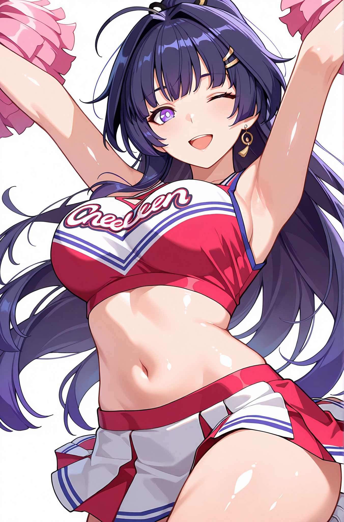 sensitive, 1girl, solo, long_hair, breasts, looking_at_viewer, blush, smile, open_mouth, bangs, skirt, large_breasts, simple_background, shirt, hair_ornament, white_background, navel, holding, bare_shoulders, jewelry, purple_eyes, ponytail, purple_hair, thighs, pleated_skirt, earrings, one_eye_closed, sleeveless, hairclip, midriff, shiny, miniskirt, armpits, stomach, arms_up, crop_top, shiny_skin, sleeveless_shirt, ;d, red_shirt, clothes_writing, cheerleader, pom_pom_(cheerleading), holding_pom_poms, raiden_mei, 長い髪, 赤面, 笑顔, 口開き, 前髪, スカート, 大きな胸, シャツ, 髪飾り, 肩出し, ジュエリー, ポニーテール, 紫髪, イヤリング, ヘアクリップ, 光沢, ミニスカート, クロップトップ, 光沢肌, 雷電芽衣, Posted