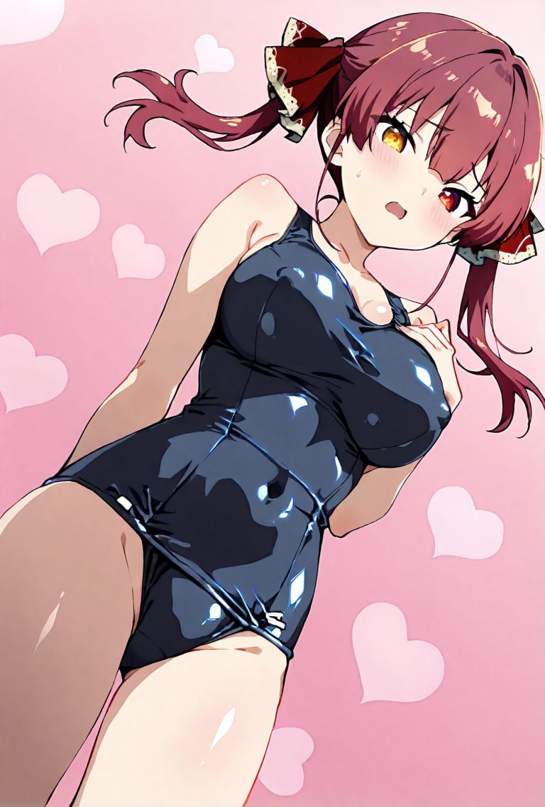 1girl, houshou marine, heterochromia, swimsuit, breasts, solo, virtual youtuber, red eyes, twintails, yellow eyes, hand on own chest, red hair, large breasts, school swimsuit, covered navel, blush, looking at viewer, one-piece swimsuit, open mouth, ribbon, pink background, sweatdrop, bangs, heart, shiny, red ribbon, hair ribbon, long hair, cowboy shot, arm behind back, old school swimsuit, shiny hair, covered nipples, collarbone, from below, thighs, bare shoulders, standing, shiny clothes, blue one-piece swimsuit, heart background, bare arms, taut clothes, dutch angle, ass visible through thighs, cleavage, looking down, hand up, shiny skin, embarrassed, arrow through heart, 赤面, 恥じらい, ツインテール, 胸チラ, 赤髪, 乳首チラ, 裸足, 水着, 赤目, ロングヘア, 巨乳, 光沢, ぱっつん, ワンピース, テカリ, アングル, スクール水着, ホロライブ, 宝鐘マリン, バーチャルYouTuber, 赤い目, 大きな胸, 学校水着, ワンピース水着, 口開き, リボン, 汗滴, 前髪, 赤リボン, 髪リボン, 長い髪, 旧スクール水着, 鎖骨, 肩出し, 光沢肌