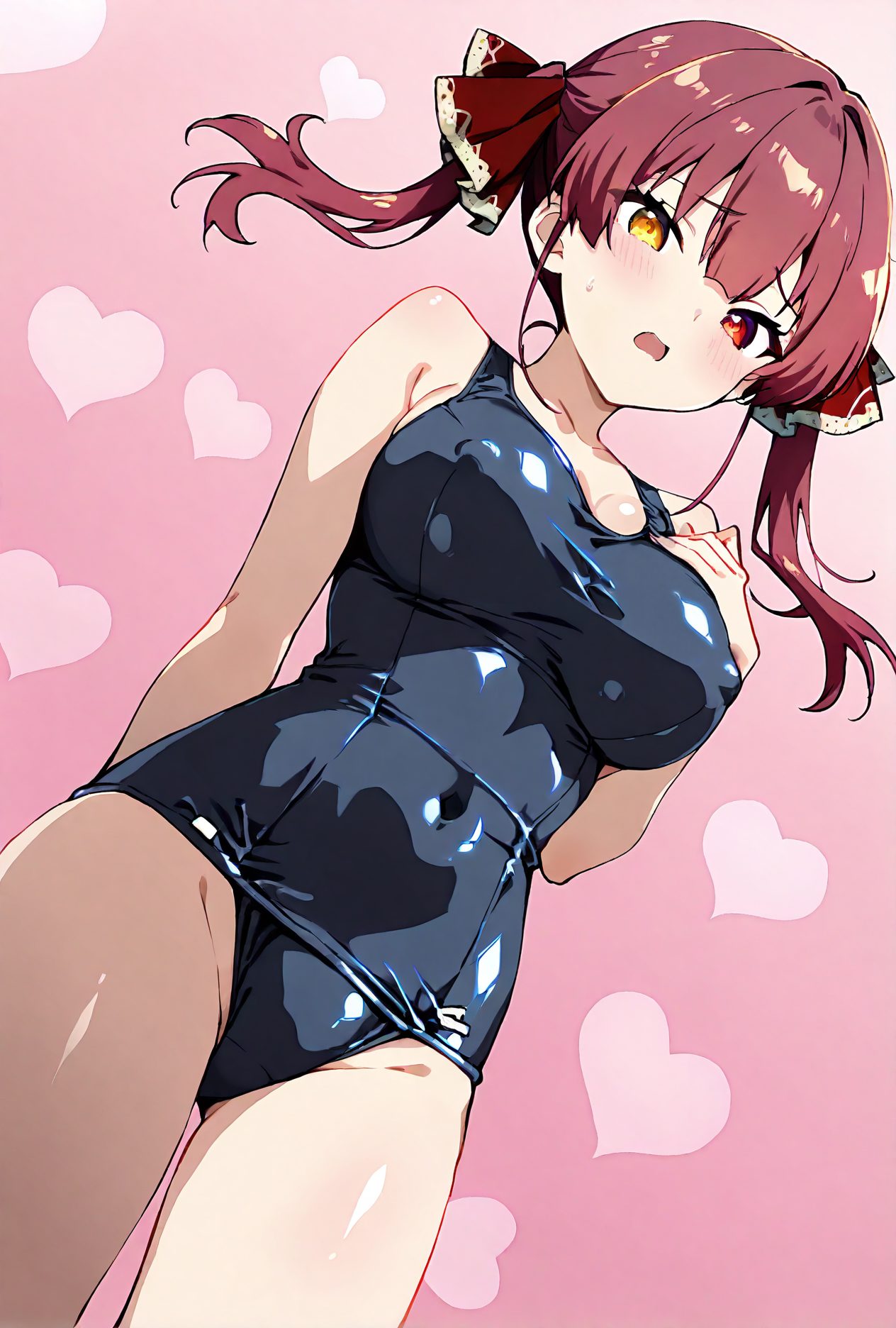 1girl, houshou marine, heterochromia, swimsuit, breasts, solo, virtual youtuber, red eyes, twintails, yellow eyes, hand on own chest, red hair, large breasts, school swimsuit, covered navel, blush, looking at viewer, one-piece swimsuit, open mouth, ribbon, pink background, sweatdrop, bangs, heart, shiny, red ribbon, hair ribbon, long hair, cowboy shot, arm behind back, old school swimsuit, shiny hair, covered nipples, collarbone, from below, thighs, bare shoulders, standing, shiny clothes, blue one-piece swimsuit, heart background, bare arms, taut clothes, dutch angle, ass visible through thighs, cleavage, looking down, hand up, shiny skin, embarrassed, arrow through heart, 赤面, 恥じらい, ツインテール, 胸チラ, 赤髪, 乳首チラ, 裸足, 水着, 赤目, ロングヘア, 巨乳, 光沢, ぱっつん, ワンピース, テカリ, アングル, スクール水着, ホロライブ, 宝鐘マリン, バーチャルYouTuber, 赤い目, 大きな胸, 学校水着, ワンピース水着, 口開き, リボン, 汗滴, 前髪, 赤リボン, 髪リボン, 長い髪, 旧スクール水着, 鎖骨, 肩出し, 光沢肌