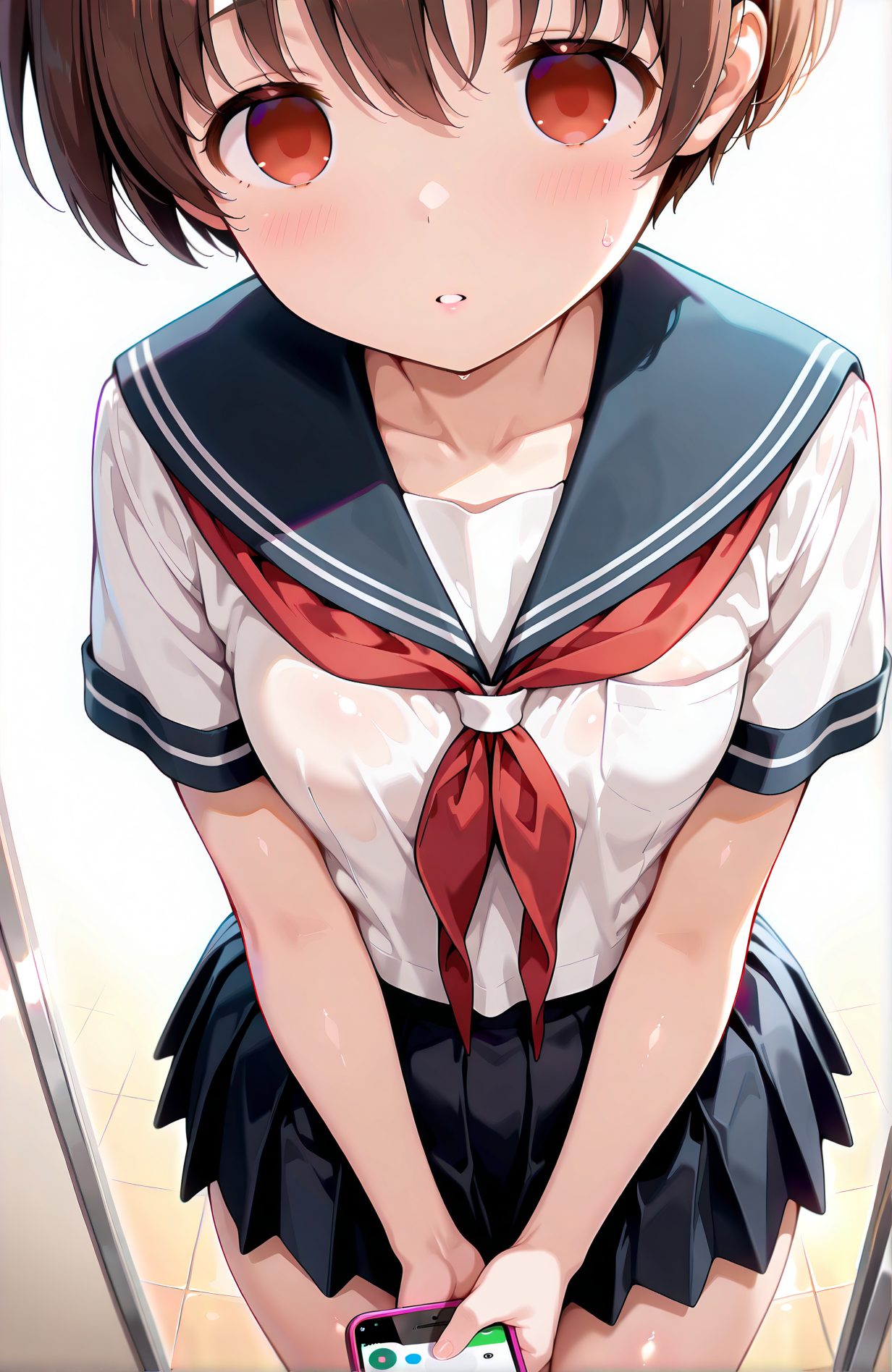 sensitive, 1girl, solo, breasts, looking_at_viewer, blush, short_hair, bangs, skirt, brown_hair, shirt, red_eyes, holding, hair_between_eyes, school_uniform, standing, collarbone, white_shirt, short_sleeves, cowboy_shot, pleated_skirt, parted_lips, serafuku, black_skirt, sailor_collar, blue_skirt, wet, neckerchief, see-through, phone, cellphone, blue_sailor_collar, wet_clothes, smartphone, red_neckerchief, holding_phone, tiles, tile_floor, kiyosumi_school_uniform, miyanaga_saki, 赤面, 短い髪, 前髪, スカート, 茶髪, シャツ, 赤い目, 目にかかる髪, 学校制服, 鎖骨, 白シャツ, セーラー服, 宮永咲