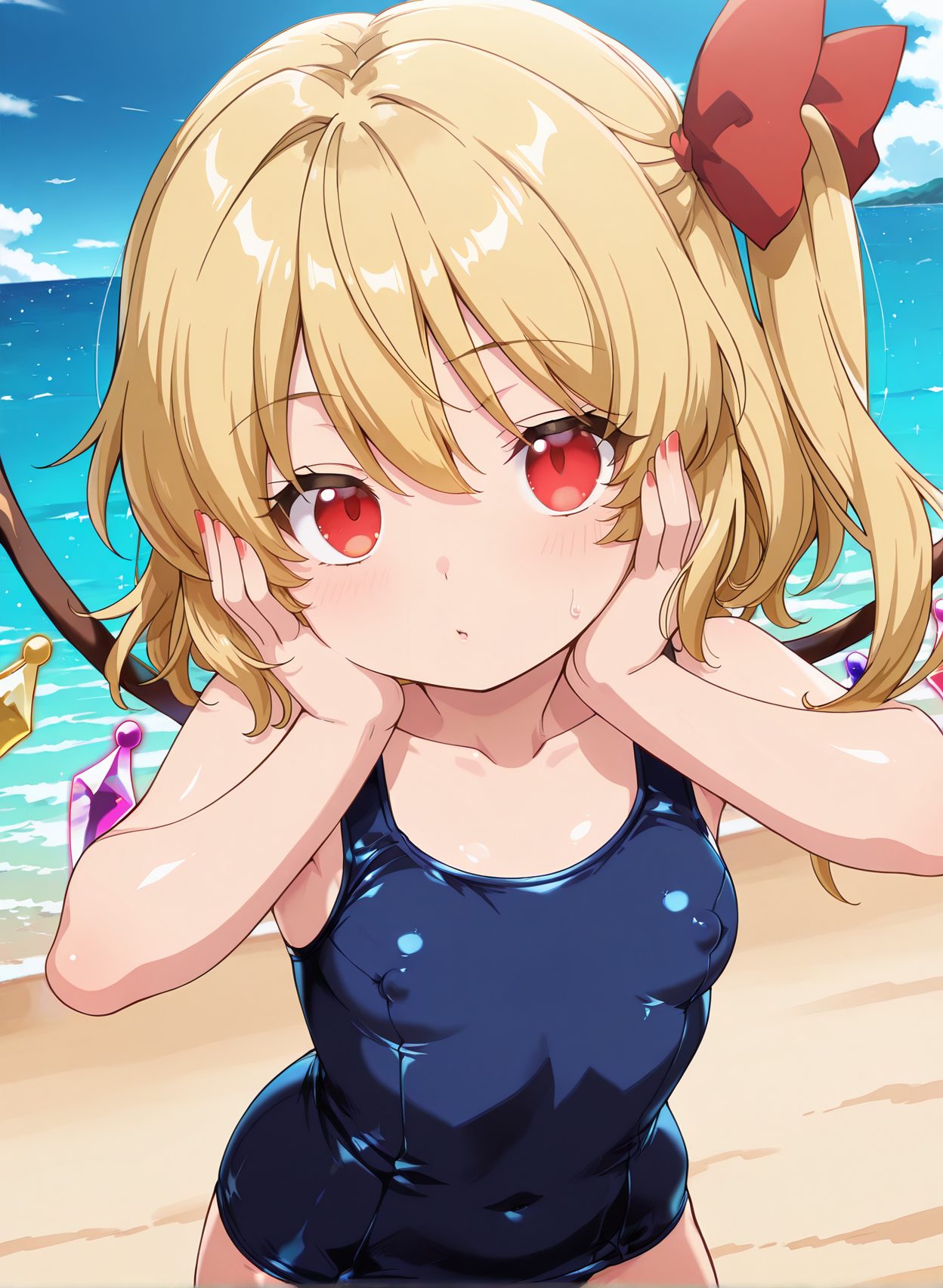 questionable, 1girl, solo, breasts, looking_at_viewer, blush, bangs, blonde_hair, red_eyes, bow, hair_between_eyes, bare_shoulders, closed_mouth, standing, collarbone, swimsuit, hair_bow, cowboy_shot, small_breasts, outdoors, wings, sky, day, shiny, cloud, water, nail_polish, red_bow, shiny_hair, covered_nipples, blue_sky, fingernails, one-piece_swimsuit, shiny_skin, covered_navel, ocean, one_side_up, beach, school_swimsuit, no_headwear, red_nails, shiny_clothes, blue_one-piece_swimsuit, crystal, horizon, hands_on_own_face, hands_on_own_cheeks, flandre_scarlet, 赤面, 水着, 貧乳, ぱっつん, ワンピース, スクール水着, 東方Project, フランドール・スカーレット, 前髪, 金髪, 赤い目, ボウ, 目にかかる髪, 肩出し, 口閉じ, 鎖骨, 髪ボウ, 小さな胸, 光沢, 赤リボン, ワンピース水着, 光沢肌, 片側アップ, 学校水着