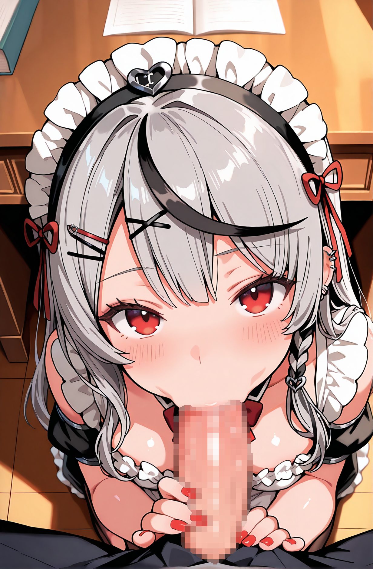 explicit, 1girl, long_hair, breasts, looking_at_viewer, blush, bangs, black_hair, hair_ornament, red_eyes, 1boy, bare_shoulders, braid, hetero, grey_hair, heart, multicolored_hair, frills, penis, solo_focus, alternate_costume, virtual_youtuber, nail_polish, streaked_hair, maid, maid_headdress, uncensored, pov, from_above, piercing, erection, oral, looking_up, x_hair_ornament, fellatio, ear_piercing, red_nails, enmaided, pov_crotch, :>=, sakamata_chloe, 長い髪, 赤面, 前髪, 黒髪, 髪飾り, 赤い目, 肩出し, 灰髪, 多色髪, バーチャルYouTuber, 無修正, オーラル, フェラチオ, 沙花叉クロヱ” class=”wp-image-7370″/>
</figure>
<hr class=