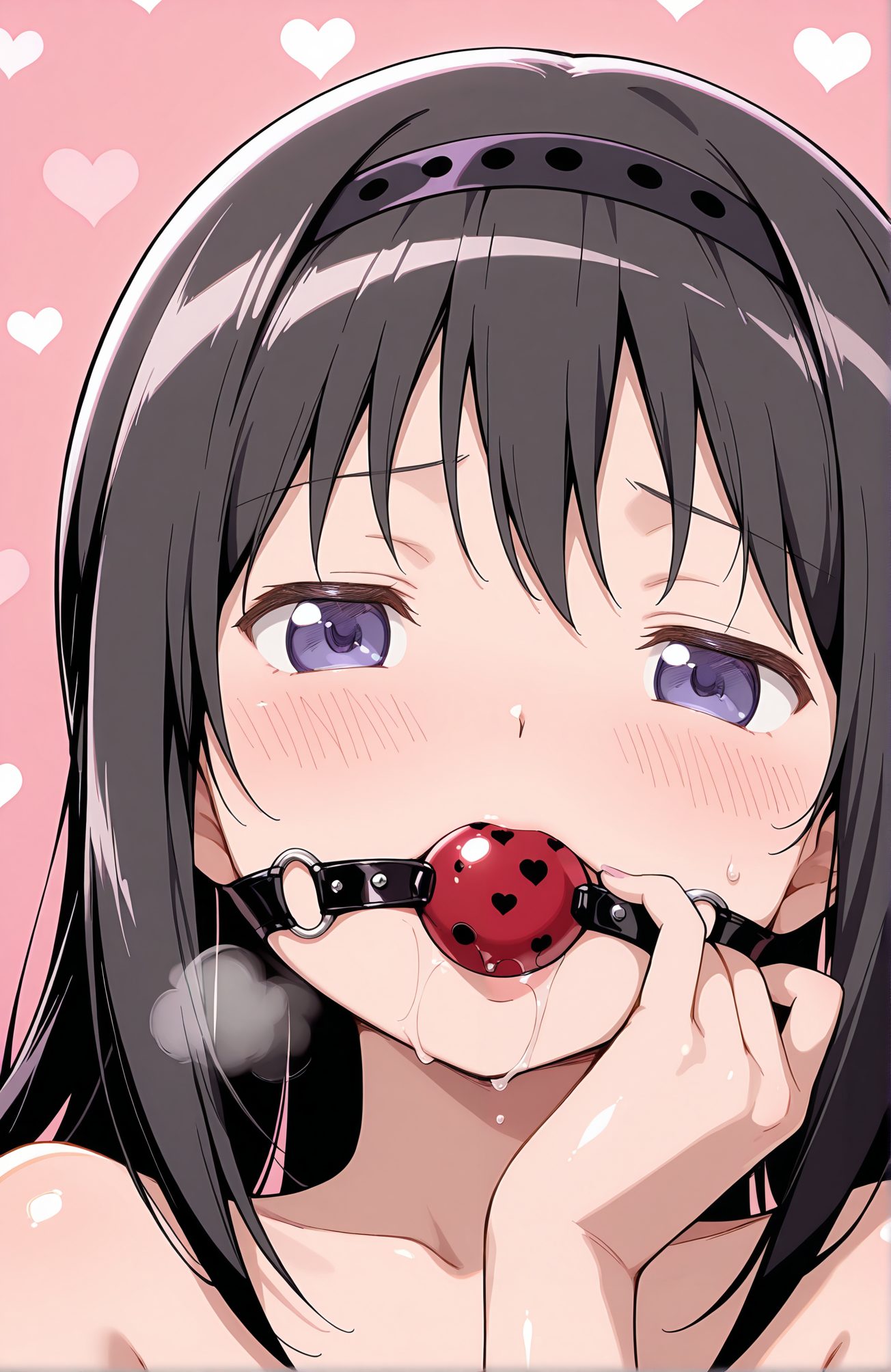 questionable, 1girl, solo, long_hair, looking_at_viewer, blush, bangs, black_hair, purple_eyes, collarbone, heart, nude, hairband, saliva, bound, bdsm, drooling, portrait, gag, gagged, ball_gag, akemi_homura, 長い髪, 赤面, 前髪, 黒髪, 鎖骨, 裸, ヘアバンド, よだれ, 暁美ほむら