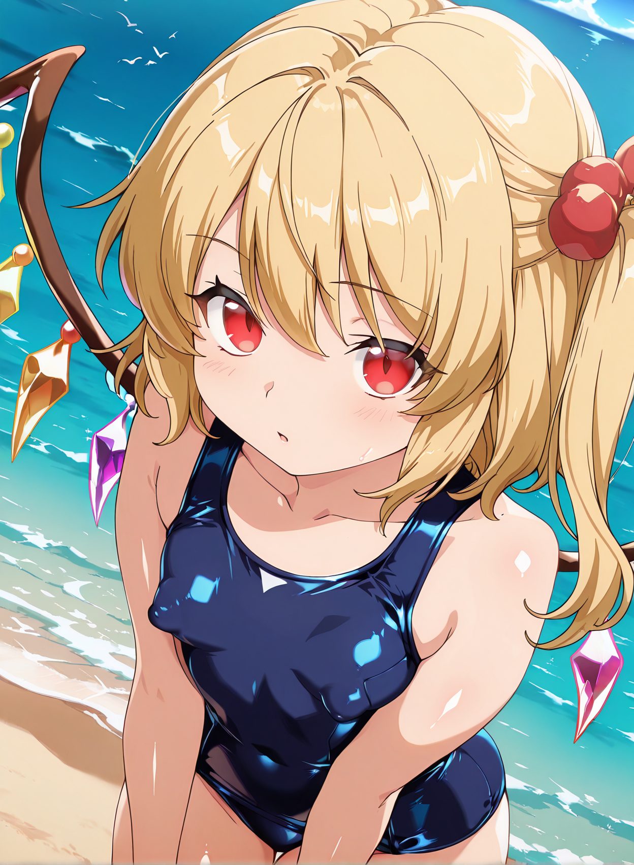 questionable, 1girl, solo, breasts, looking_at_viewer, blush, bangs, blonde_hair, hair_ornament, red_eyes, hair_between_eyes, bare_shoulders, collarbone, swimsuit, cowboy_shot, small_breasts, outdoors, wings, sky, day, shiny, water, covered_nipples, blue_sky, one-piece_swimsuit, covered_navel, ocean, one_side_up, beach, school_swimsuit, hair_bobbles, no_headwear, shiny_clothes, blue_one-piece_swimsuit, crystal, flandre_scarlet, 赤面, 水着, 貧乳, ぱっつん, ワンピース, スクール水着, 東方Project, フランドール・スカーレット, 前髪, 金髪, 髪飾り, 赤い目, 目にかかる髪, 肩出し, 鎖骨, 小さな胸, 光沢, ワンピース水着, 片側アップ, 学校水着