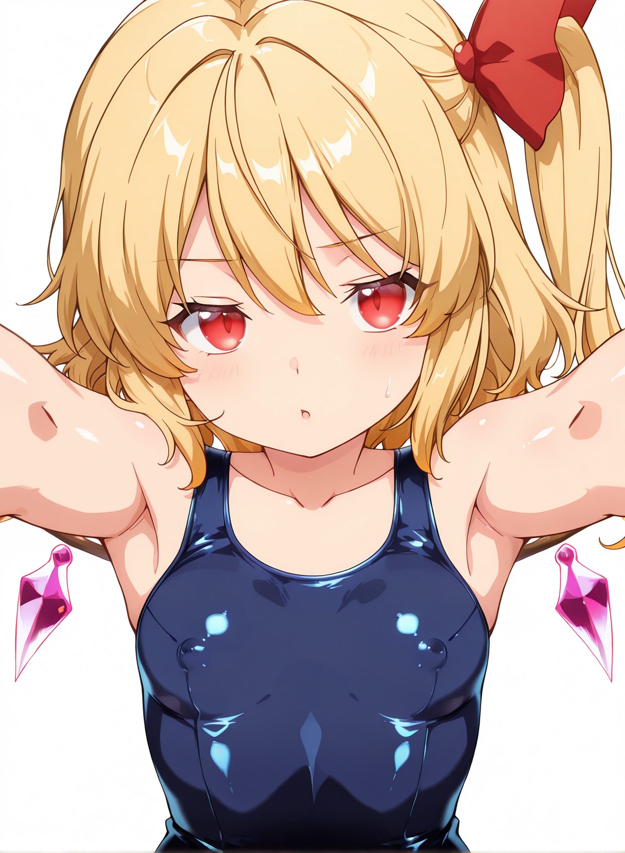 questionable, 1girl, solo, breasts, looking_at_viewer, blush, open_mouth, bangs, blonde_hair, simple_background, red_eyes, white_background, bow, ribbon, hair_between_eyes, bare_shoulders, collarbone, swimsuit, upper_body, hair_bow, small_breasts, wings, shiny, armpits, :o, shiny_hair, arms_up, covered_nipples, one-piece_swimsuit, one_side_up, school_swimsuit, outstretched_arms, no_headwear, shiny_clothes, blue_one-piece_swimsuit, crystal, flandre_scarlet, 赤面, 水着, 貧乳, ぱっつん, ワンピース, スクール水着, 東方Project, フランドール・スカーレット, Posted, loli-small-breasts, 口開き, 前髪, 金髪, 赤い目, ボウ, リボン, 目にかかる髪, 肩出し, 鎖骨, 髪ボウ, 小さな胸, 光沢, ワンピース水着, 片側アップ, 学校水着