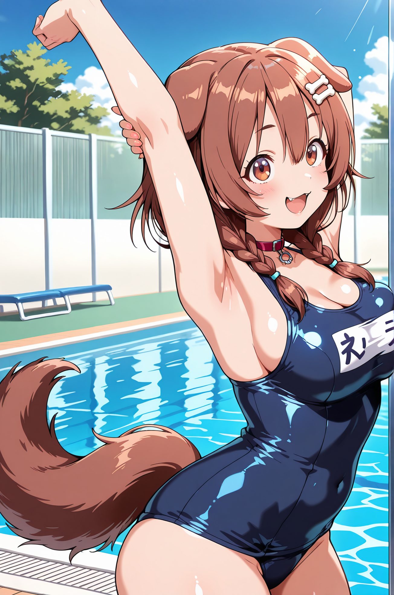 sensitive, 1girl, solo, long_hair, breasts, looking_at_viewer, blush, smile, open_mouth, bangs, large_breasts, brown_hair, hair_ornament, animal_ears, cleavage, hair_between_eyes, brown_eyes, tail, swimsuit, braid, :d, cowboy_shot, outdoors, sky, day, fang, shiny, virtual_youtuber, armpits, water, twin_braids, arms_up, collar, tree, blue_sky, one-piece_swimsuit, sideboob, covered_navel, fangs, school_swimsuit, dog_ears, extra_ears, shiny_clothes, dog_tail, blue_one-piece_swimsuit, dog_girl, name_tag, pool, stretching, poolside, red_collar, animal_collar, old_school_swimsuit, bone_hair_ornament, pool_ladder, inugami_korone, 長い髪, 赤面, 笑顔, 口開き, 前髪, 大きな胸, 茶髪, 髪飾り, 動物耳, 目にかかる髪, 水着, 光沢, バーチャルYouTuber, ツインブレイド, ワンピース水着, 学校水着, 旧スクール水着, 戌神ころね, Posted, 戌神ころね_posted