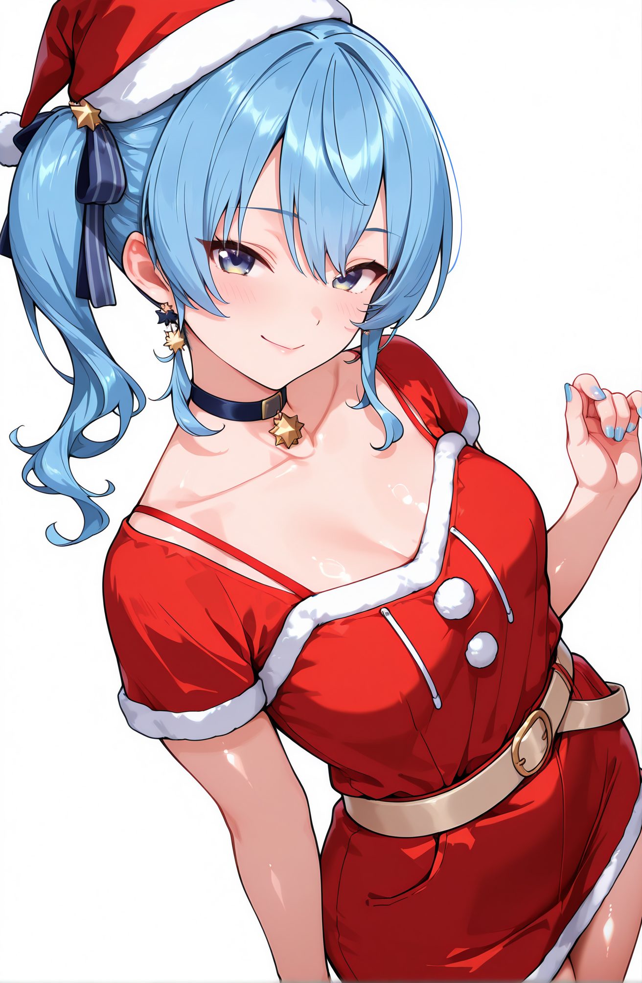 sensitive, 1girl, solo, long_hair, breasts, looking_at_viewer, blush, smile, bangs, blue_eyes, simple_background, hat, white_background, dress, ribbon, cleavage, jewelry, medium_breasts, closed_mouth, blue_hair, collarbone, hair_ribbon, short_sleeves, earrings, alternate_costume, choker, belt, virtual_youtuber, hand_up, medium_hair, star_(symbol), nail_polish, side_ponytail, fur_trim, black_choker, red_dress, christmas, red_headwear, pom_pom_(clothes), santa_hat, blue_nails, santa_costume, star_earrings, symbol_in_eye, star_in_eye, santa_dress, star_choker, hoshimachi_suisei, 長い髪, 赤面, 笑顔, 前髪, 青い目, 帽子, リボン, ジュエリー, 中くらいの胸, 口閉じ, 青髪, 鎖骨, 髪リボン, イヤリング, チョーカー, バーチャルYouTuber, サイドポニーテール, 黒チョーカー, 星街すいせい, 星街すいせい_posted