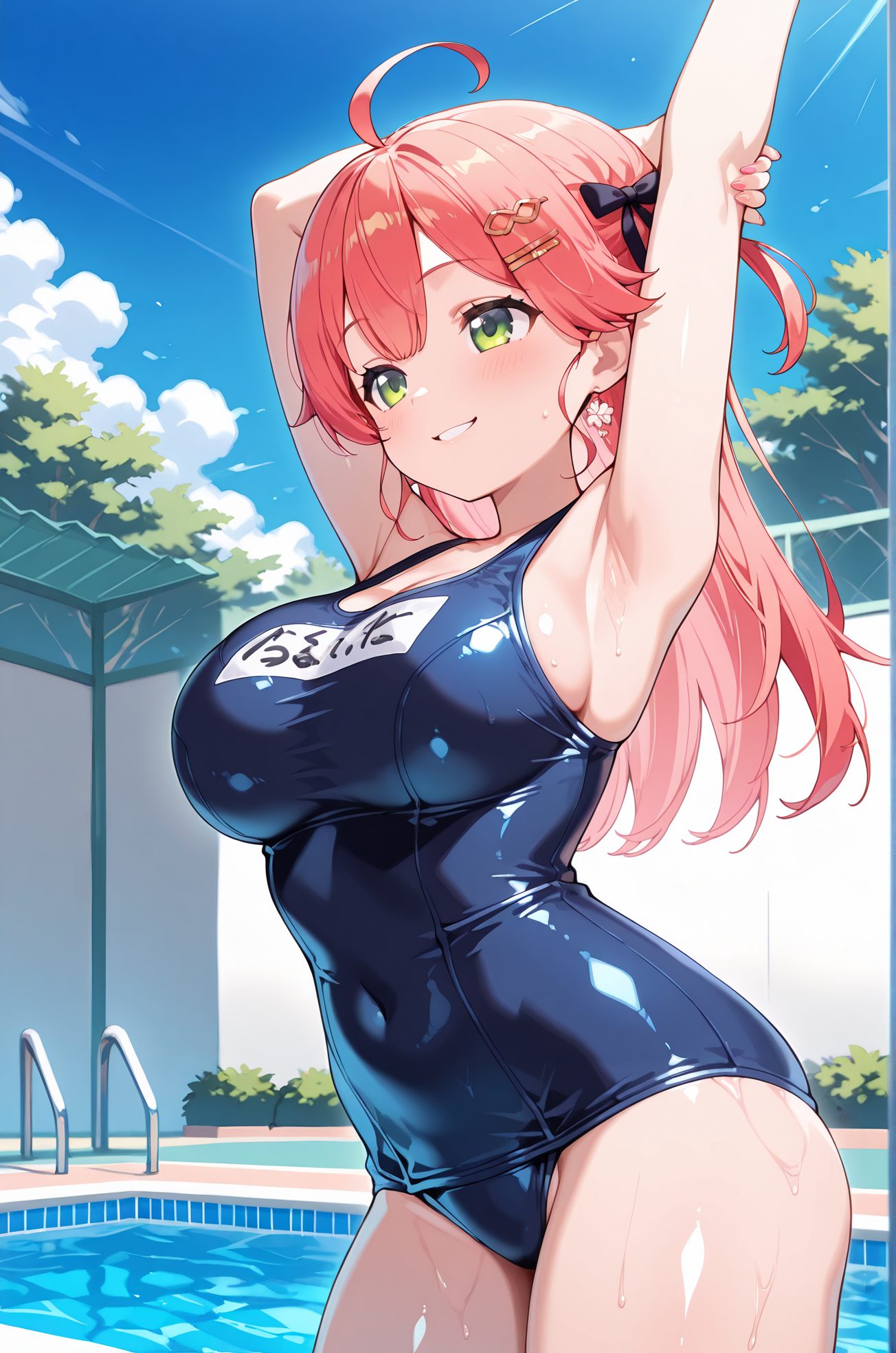 sensitive, 1girl, solo, long_hair, breasts, looking_at_viewer, blush, smile, bangs, large_breasts, hair_ornament, jewelry, green_eyes, swimsuit, pink_hair, ahoge, hair_bow, thighs, cowboy_shot, earrings, outdoors, parted_lips, sky, day, hairclip, shiny, virtual_youtuber, armpits, water, grin, arms_up, wet, one-piece_swimsuit, covered_navel, skindentation, one_side_up, school_swimsuit, shiny_clothes, blue_one-piece_swimsuit, pool, stretching, poolside, sakura_miko, 長い髪, 赤面, 笑顔, 前髪, 大きな胸, 髪飾り, ジュエリー, 緑の目, 水着, ピンク髪, アホ毛, 髪ボウ, イヤリング, ヘアクリップ, 光沢, バーチャルYouTuber, ワンピース水着, 片側アップ, 学校水着, さくらみこ