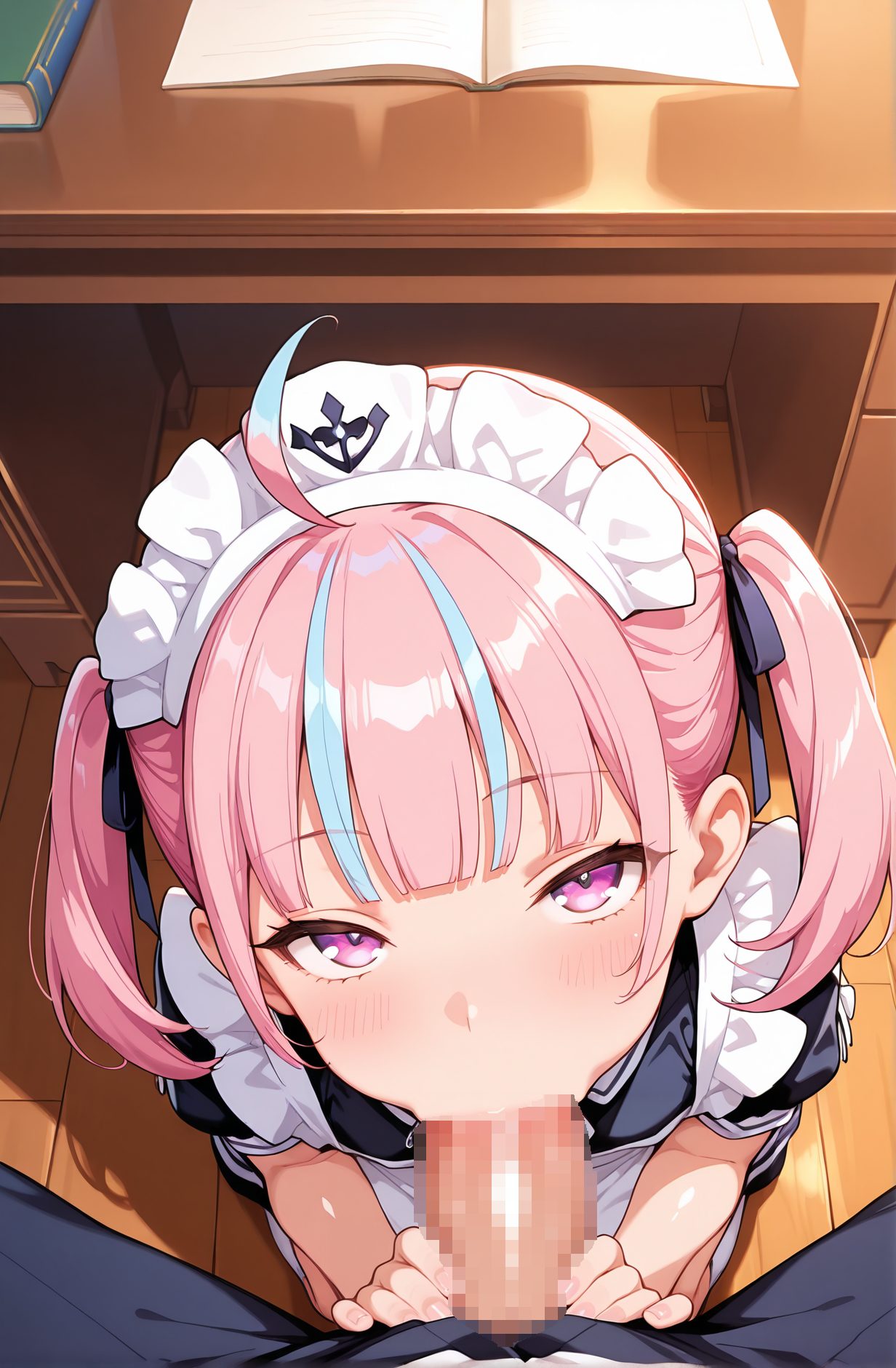explicit, 1girl, long_hair, looking_at_viewer, blush, bangs, 1boy, dress, ribbon, twintails, blue_hair, purple_eyes, hair_ribbon, pink_hair, ahoge, short_sleeves, hetero, sidelocks, multicolored_hair, frills, penis, solo_focus, puffy_sleeves, virtual_youtuber, blunt_bangs, apron, black_dress, two-tone_hair, puffy_short_sleeves, streaked_hair, fingernails, book, maid, maid_headdress, saliva, black_ribbon, uncensored, pov, from_above, oral, looking_up, fellatio, wooden_floor, colored_inner_hair, anchor_symbol, :>=, under_table, minato_aqua, 長い髪, 赤面, 前髪, リボン, ツインテール, 青髪, 髪リボン, ピンク髪, アホ毛, サイドロック, 多色髪, バーチャルYouTuber, よだれ, 無修正, オーラル, フェラチオ, みなとあくあ” class=”wp-image-6193″/>
</figure>
<hr class=