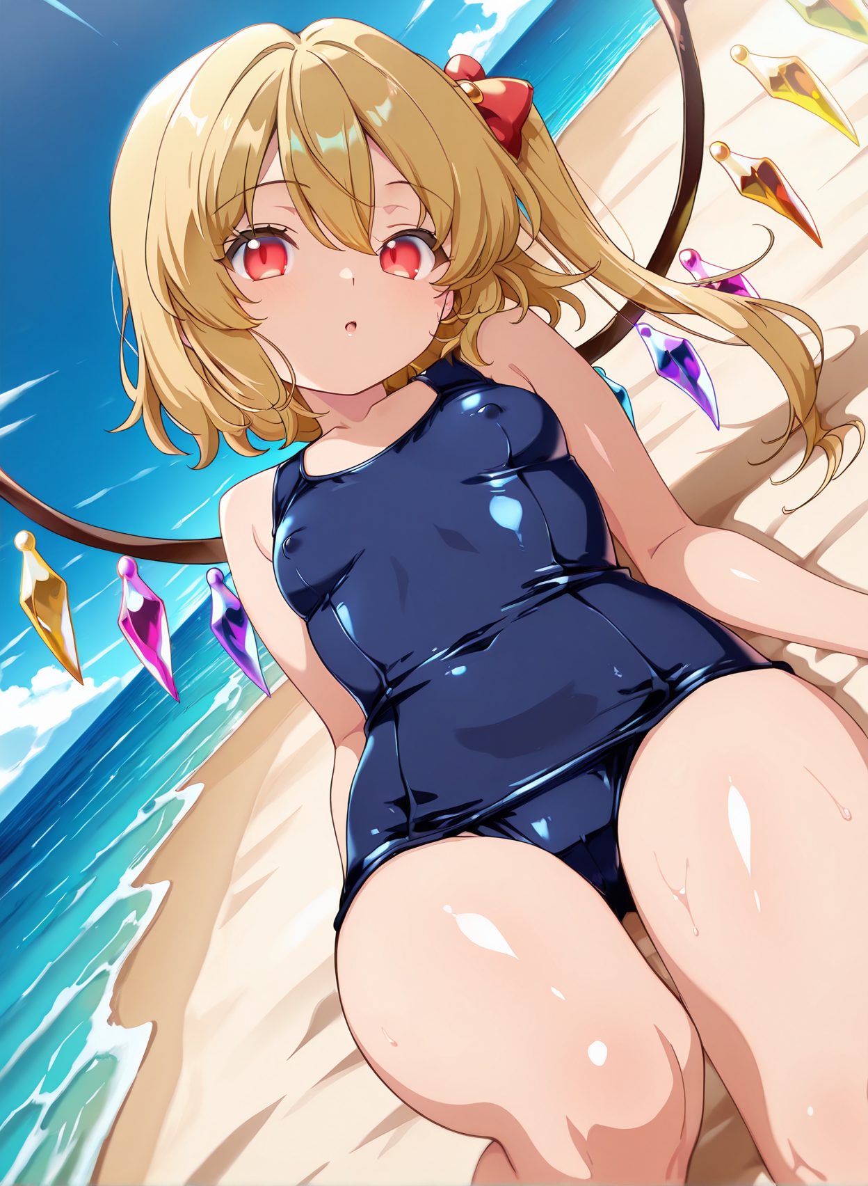 sensitive, questionable, 1girl, solo, breasts, looking_at_viewer, bangs, blonde_hair, red_eyes, bow, hair_between_eyes, swimsuit, hair_bow, small_breasts, outdoors, wings, sky, day, shiny, cloud, water, :o, red_bow, covered_nipples, blue_sky, one-piece_swimsuit, dutch_angle, covered_navel, ocean, one_side_up, beach, school_swimsuit, no_headwear, shiny_clothes, blue_one-piece_swimsuit, crystal, sand, old_school_swimsuit, flandre_scarlet, 水着, 貧乳, ぱっつん, ワンピース, スクール水着, 東方Project, フランドール・スカーレット, Posted, 前髪, 金髪, 赤い目, ボウ, 目にかかる髪, 髪ボウ, 小さな胸, 光沢, 赤リボン, ワンピース水着, 片側アップ, 学校水着, 旧スクール水着