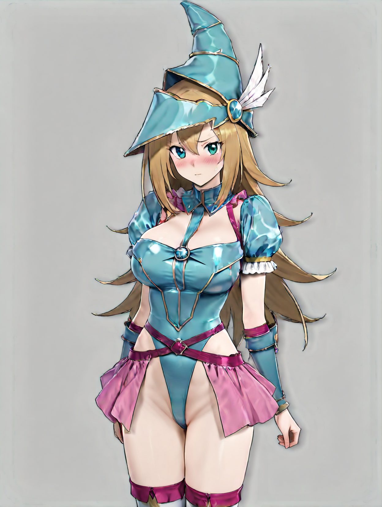 1girl, dark magician girl, solo, breasts, long hair, duel monster, leotard, highleg leotard, highleg, blush, large breasts, short sleeves, hat, adapted costume, thighhighs, blue leotard, blonde hair, looking at viewer, closed mouth, grey background, wizard hat, thighs, puffy sleeves, showgirl skirt, puffy short sleeves, cleavage, hair between eyes, simple background, sweatdrop, alternate costume, blue eyes, pink skirt, bangs, shiny, green eyes, frills, cowboy shot, skirt, detached collar, 赤面, 恥じらい, 胸チラ, 帽子, レオタード, フリル, ロングヘア, 巨乳, ぱっつん, 金髪, アングル, ハイグレ, ブラック・マジシャン・ガール, 遊戯王, 長い髪, ハイレグレオタード, 大きな胸, 太ももハイソックス, 口閉じ, ショーガールスカート, 目にかかる髪, 汗滴, 青い目, 前髪, 光沢, 緑の目, スカート
