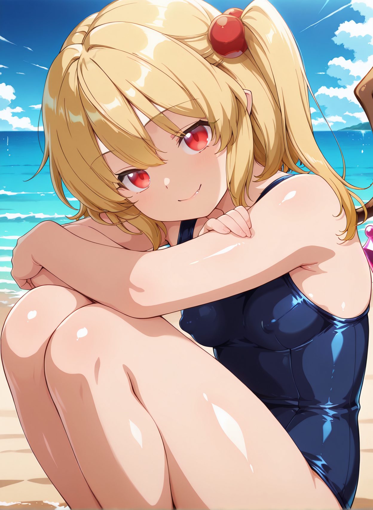 questionable, 1girl, solo, breasts, looking_at_viewer, smile, bangs, blonde_hair, hair_ornament, red_eyes, hair_between_eyes, bare_shoulders, sitting, closed_mouth, swimsuit, small_breasts, outdoors, wings, sky, day, fang, shiny, cloud, water, covered_nipples, blue_sky, one-piece_swimsuit, shiny_skin, ocean, one_side_up, beach, crossed_arms, school_swimsuit, hair_bobbles, no_headwear, shiny_clothes, blue_one-piece_swimsuit, flandre_scarlet, 笑顔, 水着, 貧乳, ぱっつん, ワンピース, スクール水着, 東方Project, フランドール・スカーレット, Posted, 前髪, 金髪, 髪飾り, 赤い目, 目にかかる髪, 肩出し, 座り, 口閉じ, 小さな胸, 光沢, ワンピース水着, 光沢肌, 片側アップ, 学校水着